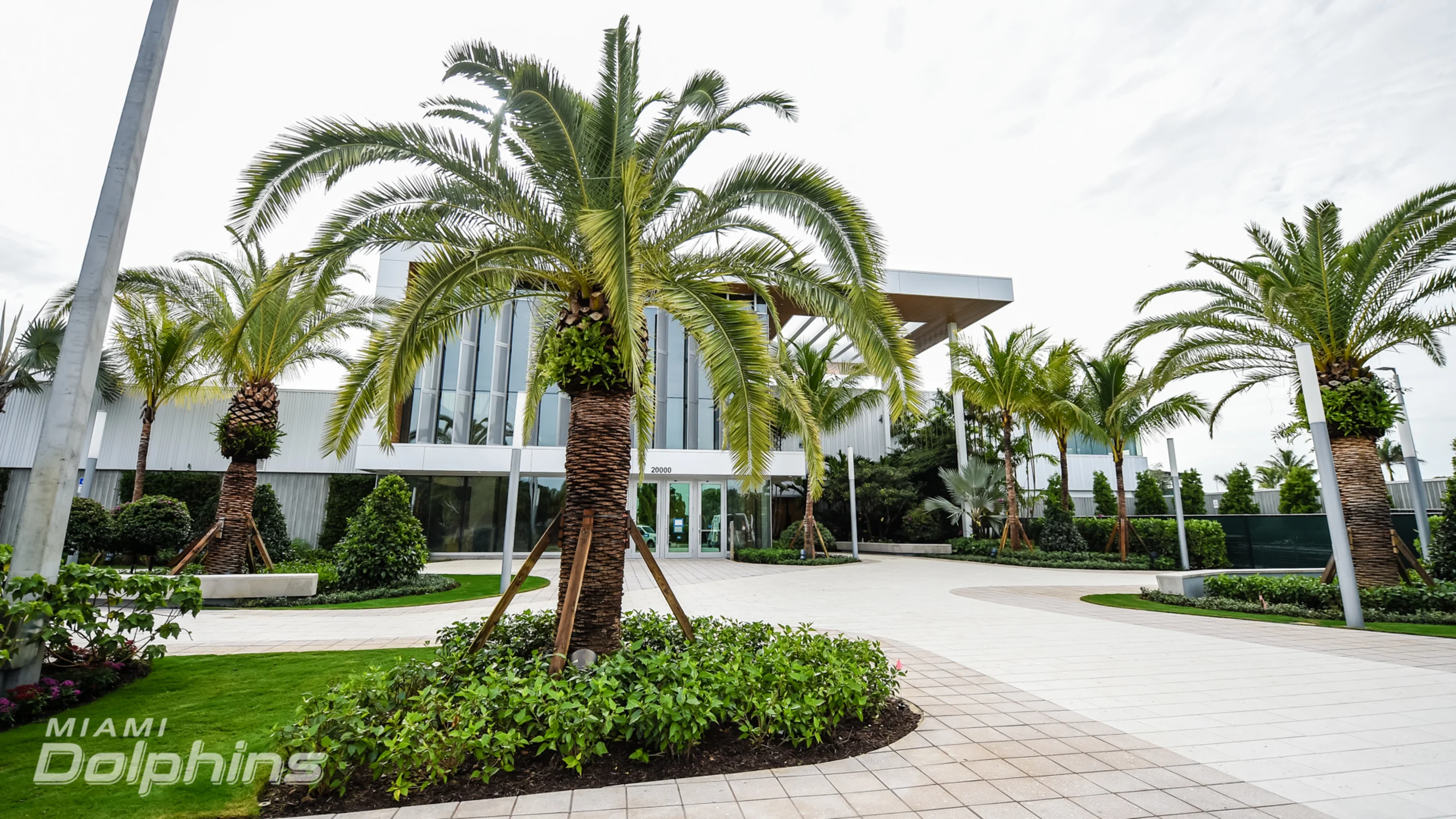 Exterior view of modern Baptist Health Training Complex building in Miami Gardens with palm trees, Dolphins logo, and practice fields visible