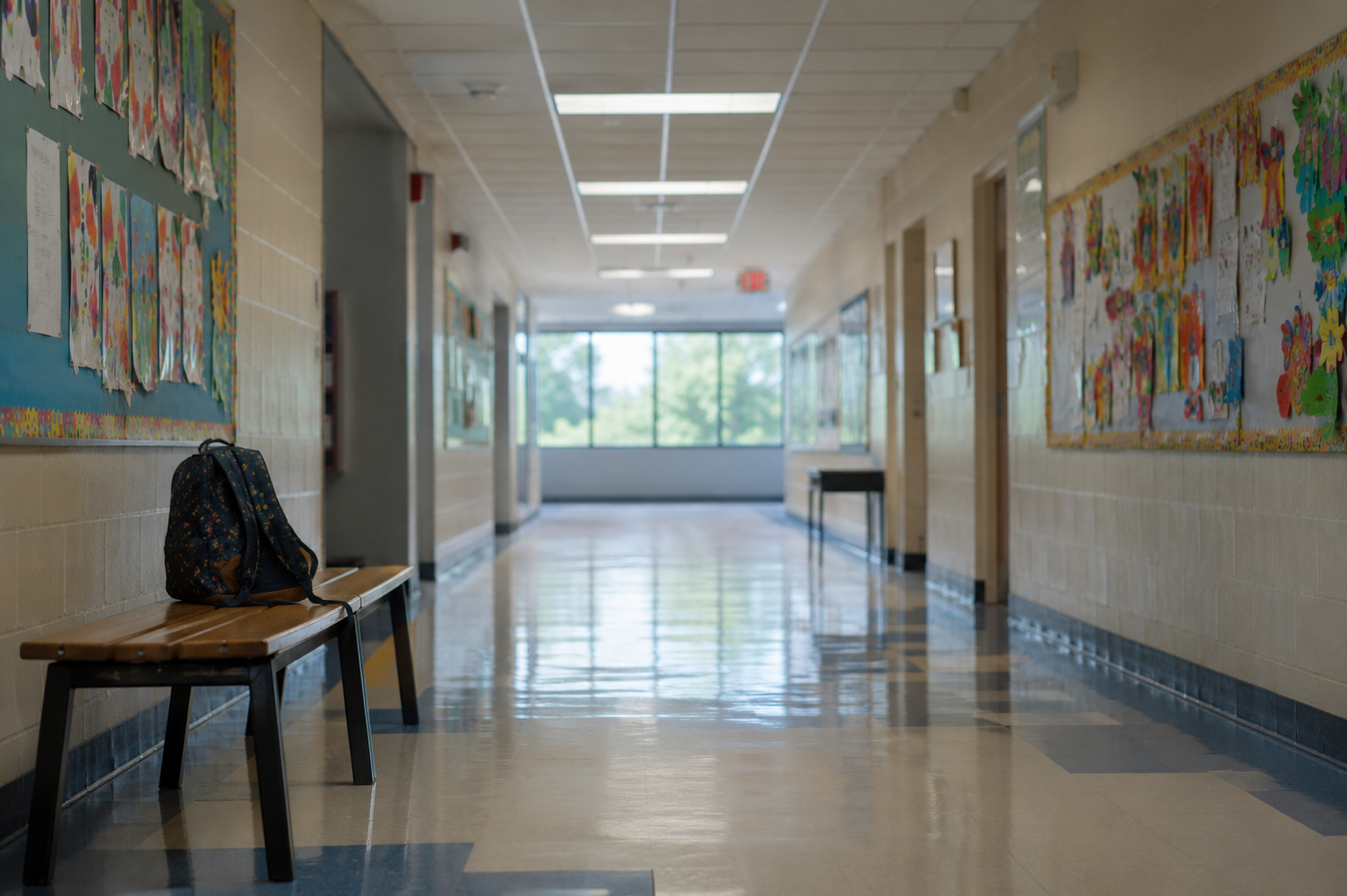 Empty quiet school corridor with artwork