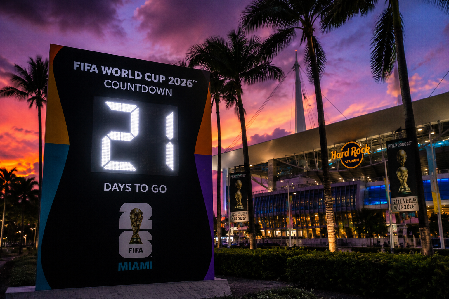 FIFA World Cup 2026 countdown at sunset