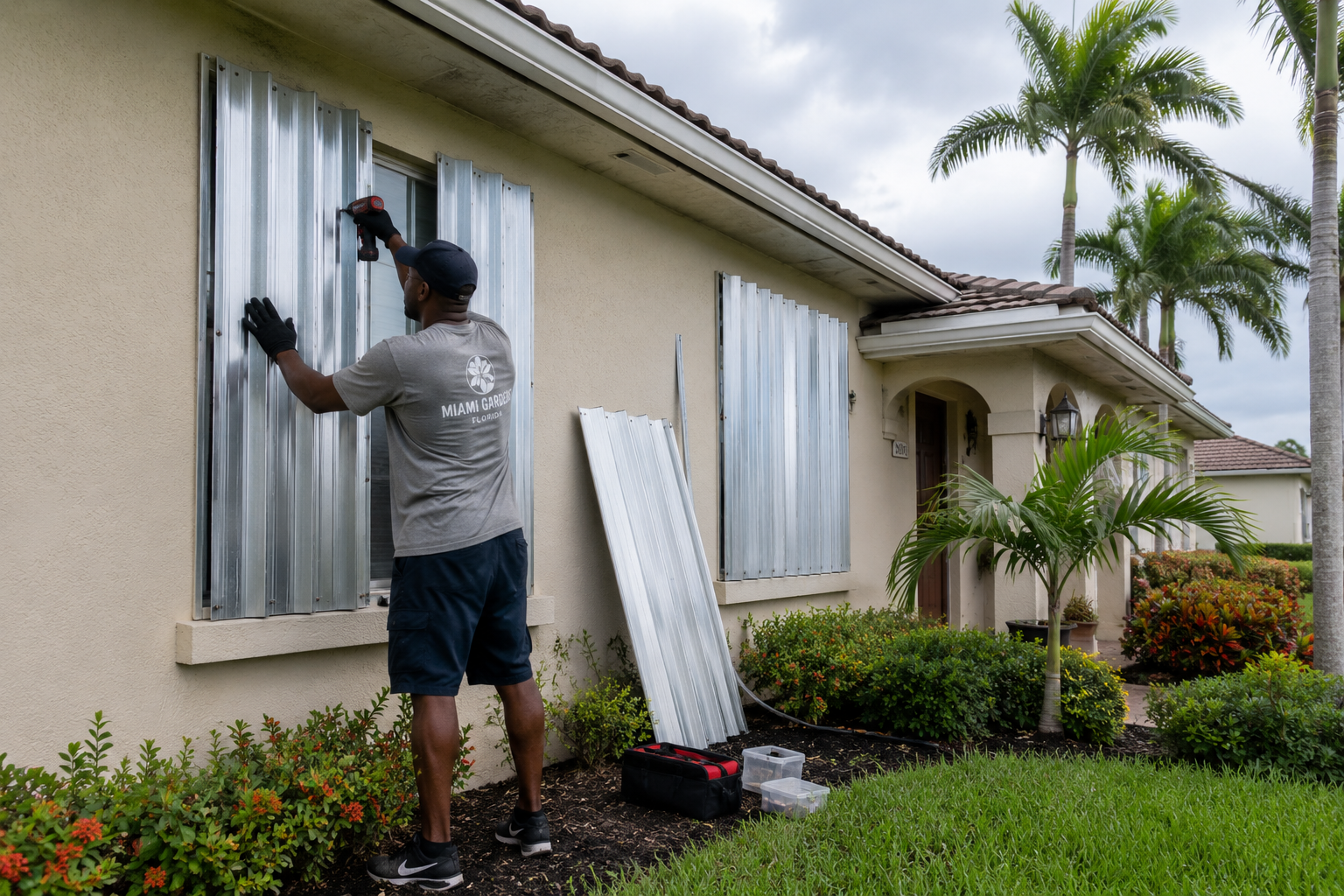 Hurricane shutter installation on suburban home