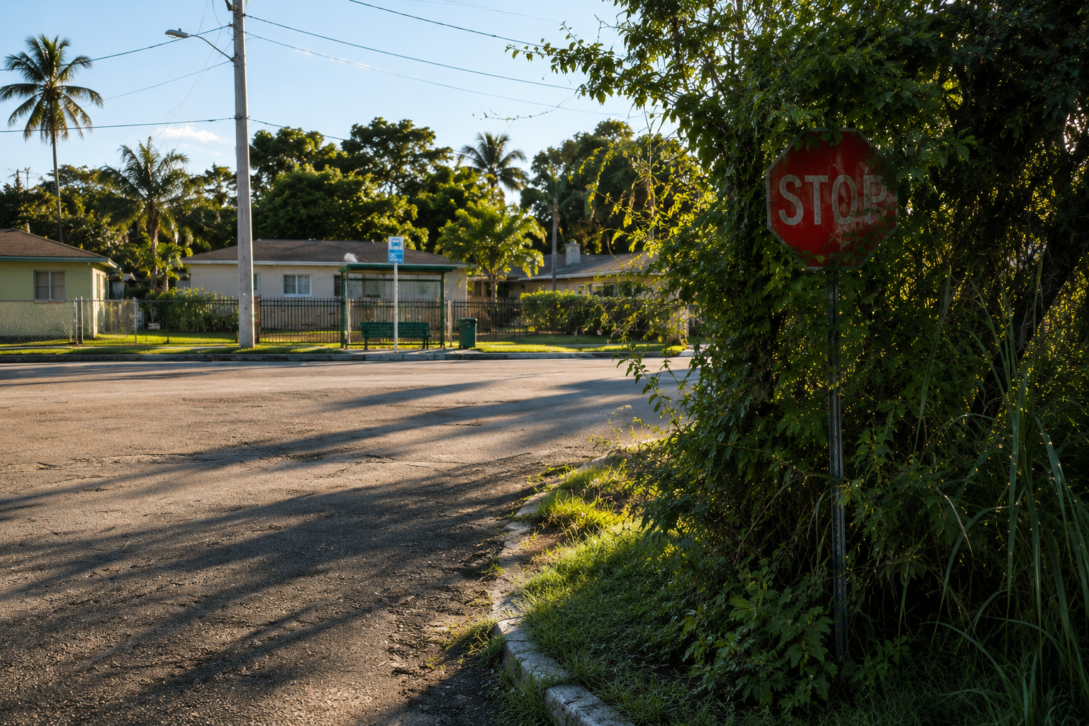 Quiet suburban morning intersection