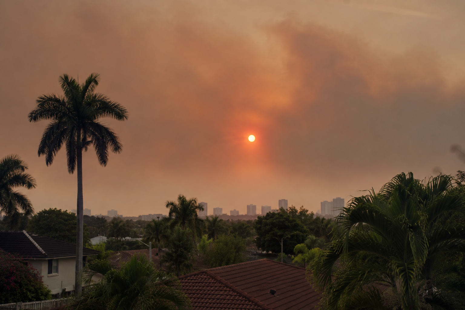 Smoky haze over a South Florida neighborhood from wildfire smoke affecting air quality in Miami Gardens and across Miami-Dade County