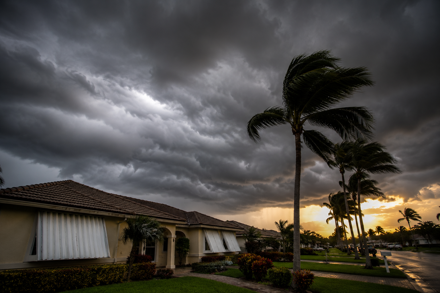 Storm clouds gathering over South Florida homes approaching hurricane season, representing the insurance decisions facing Miami Gardens homeowners