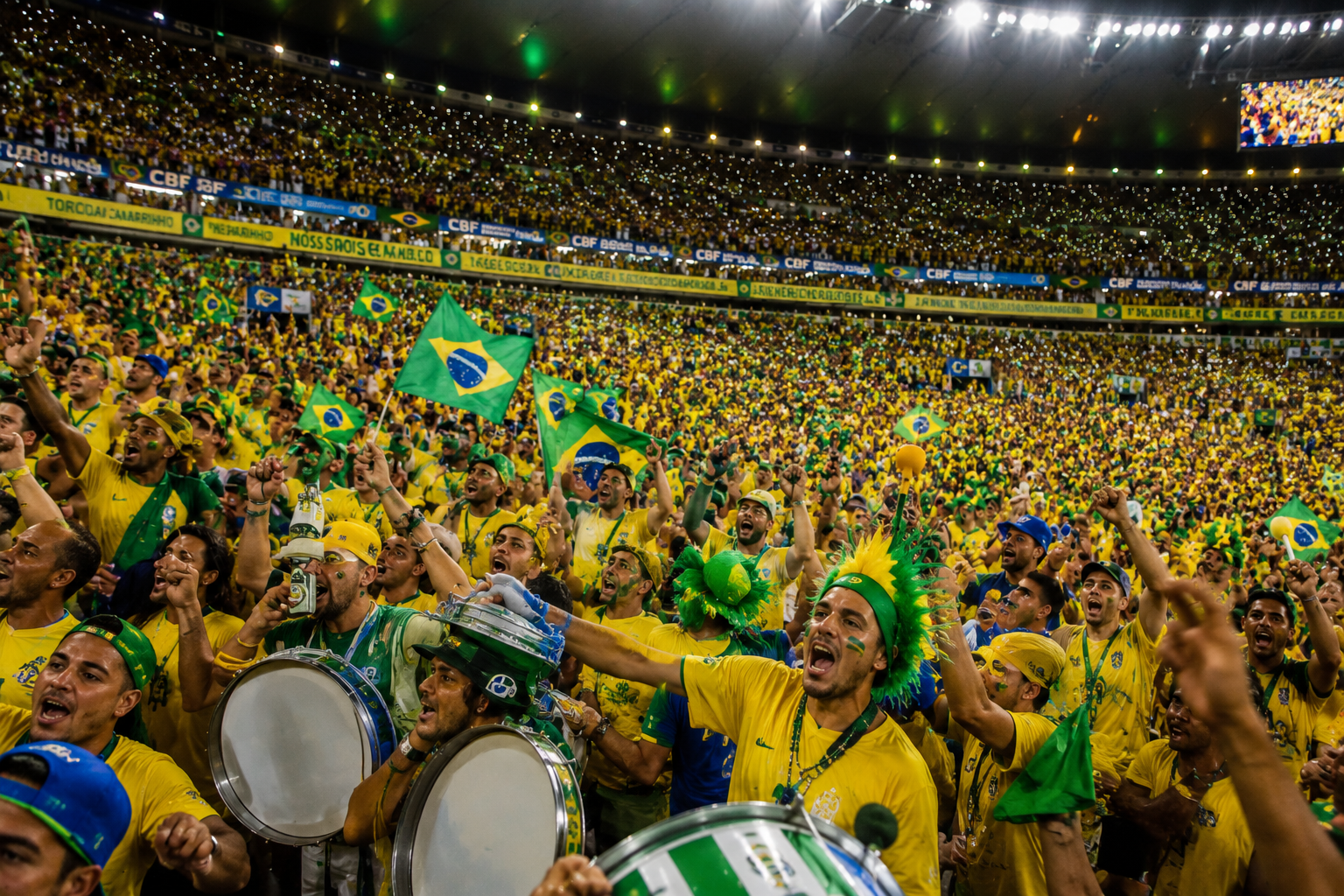 Brazilian football fans celebrate in stadium