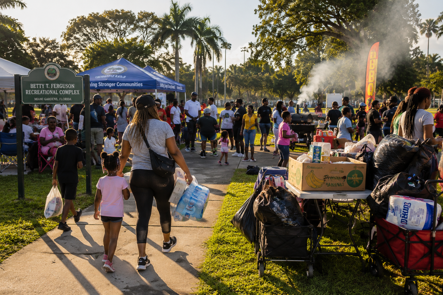 Community event in a South Florida park representing the Juneteenth tournament and hurricane supply distribution in Miami Gardens