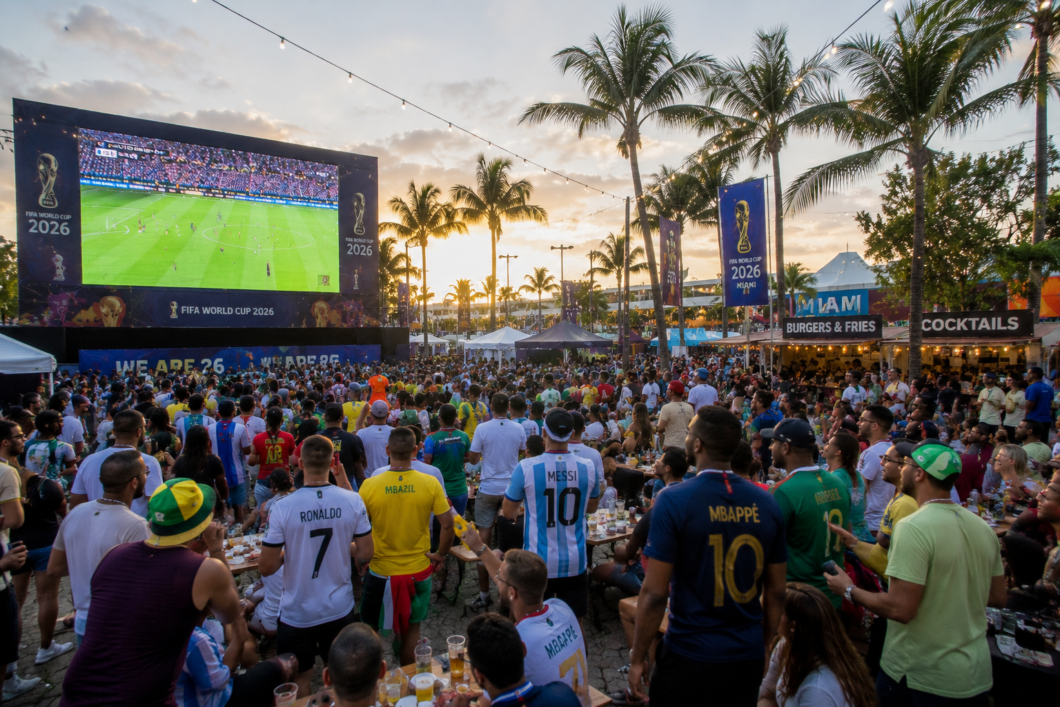 Soccer fan zone at sunset
