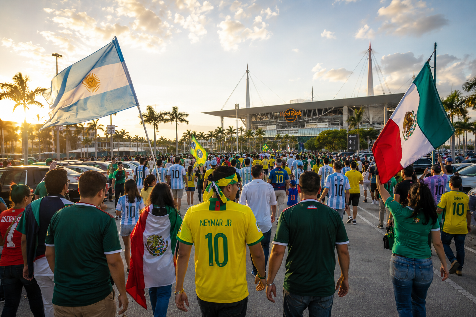 Soccer fans walk toward the stadium