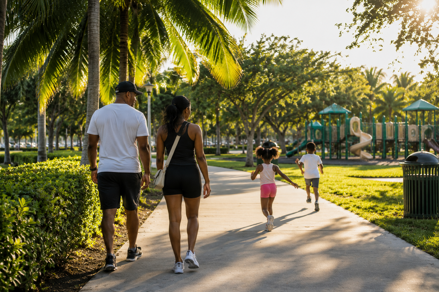 Sunny park stroll toward playground
