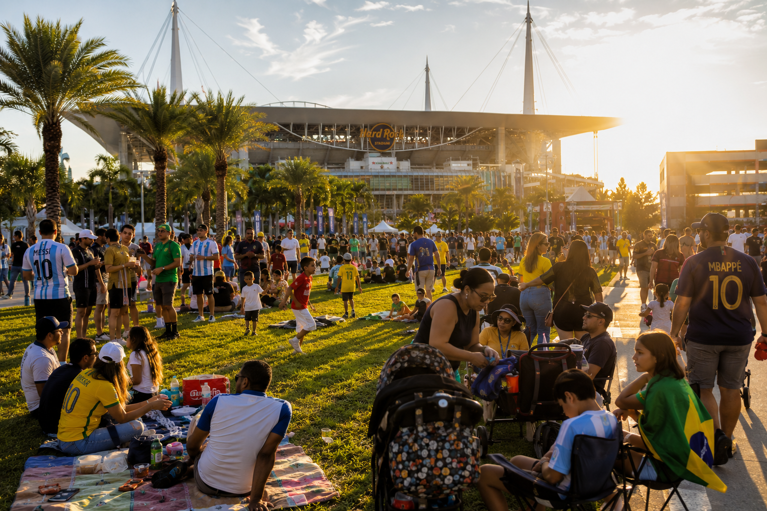 Sunny stadium crowd at golden hour