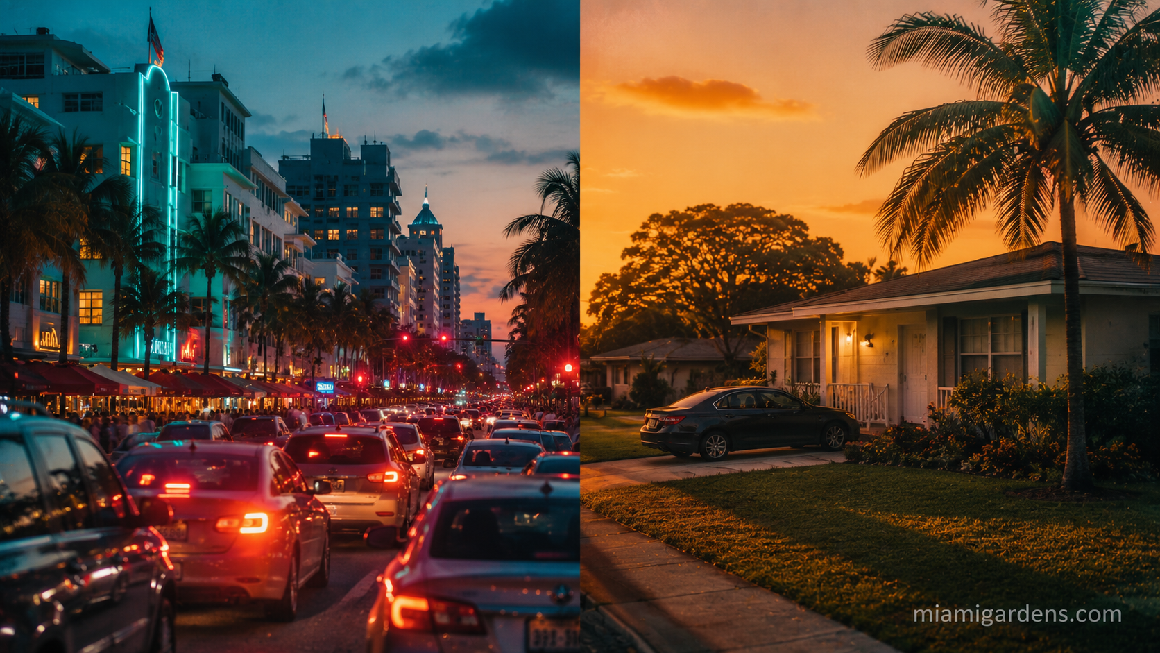 City bustle meets suburban tranquility at dusk