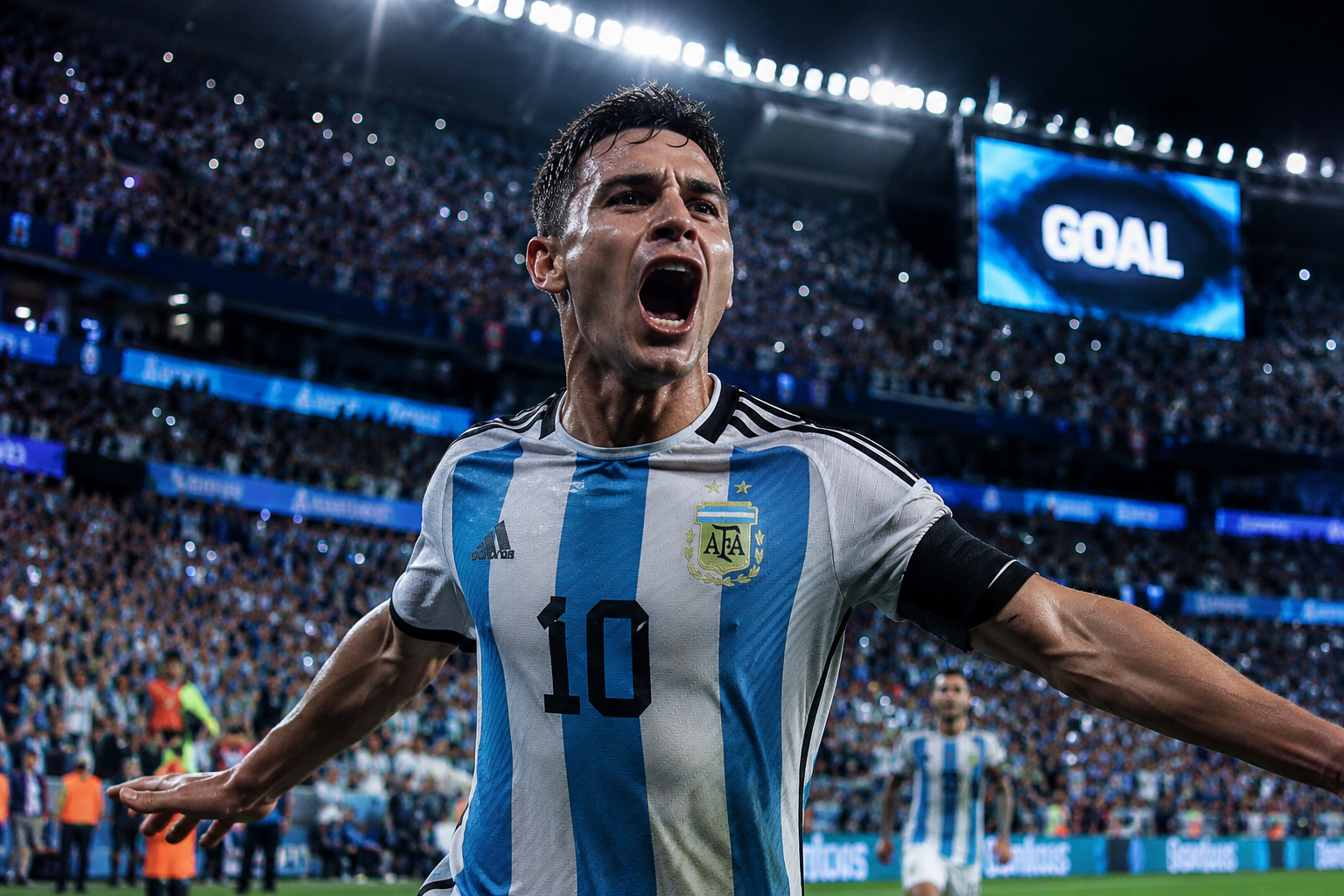 A soccer superstar in a blue and white striped jersey celebrating a goal under bright stadium lights, a roaring packed crowd behind him, night match, photorealistic sports photography, historic and euphoric moment