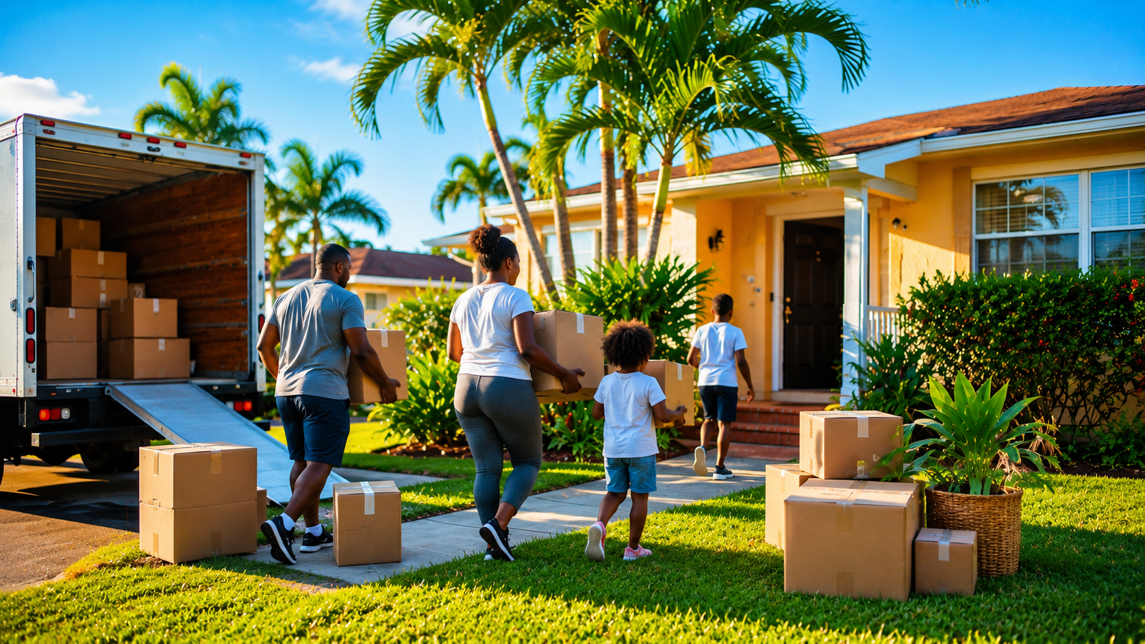 Family moving into a sunny home