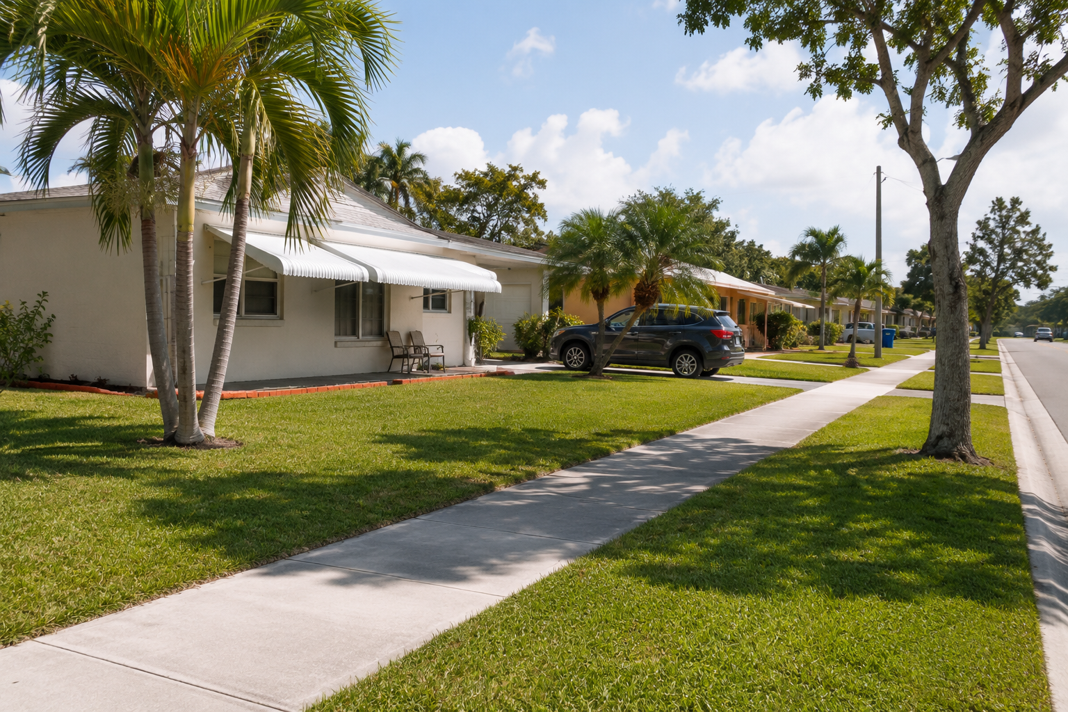 Sunny suburban street with palm trees