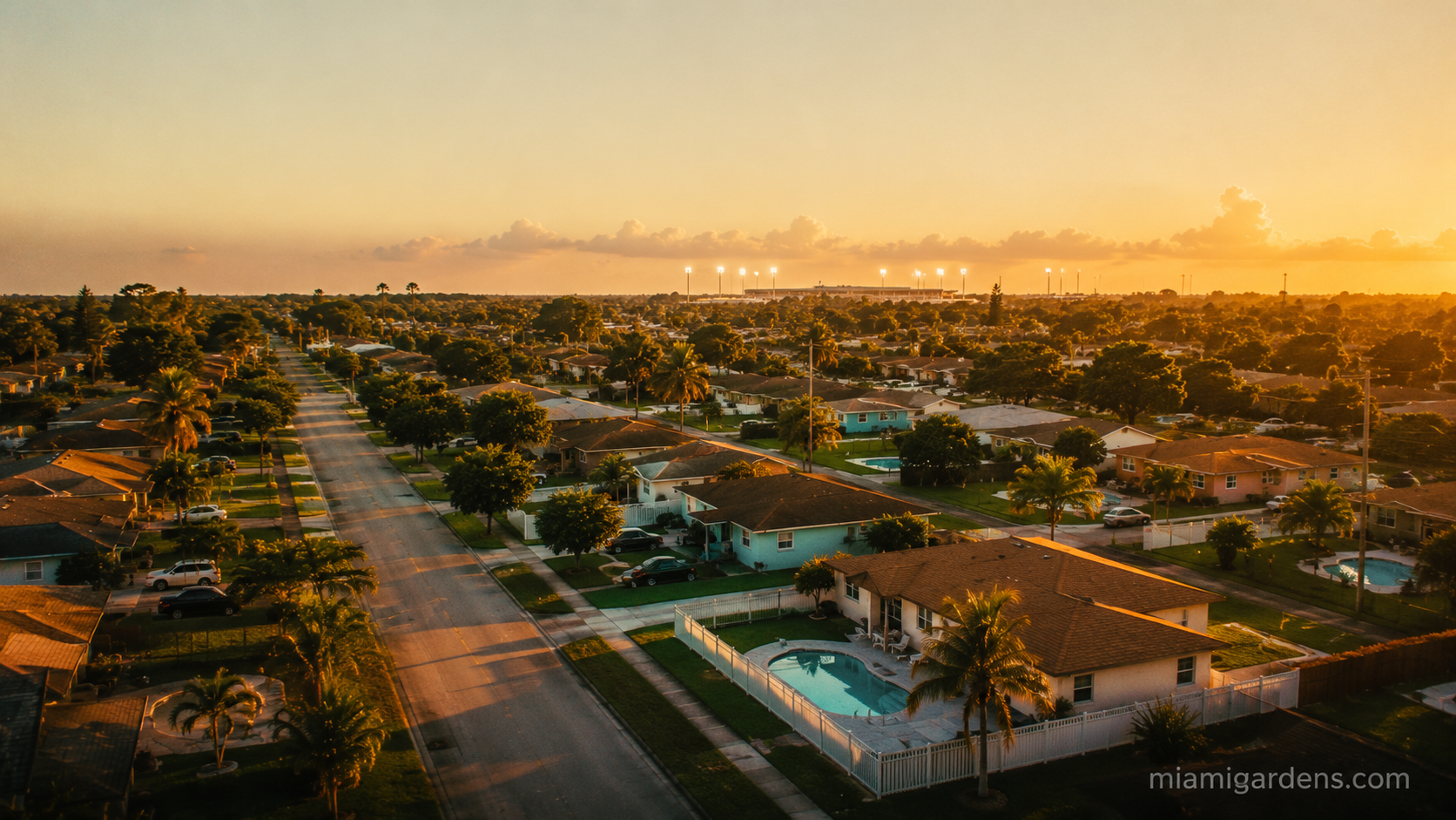 Sunset over suburban Florida neighborhood