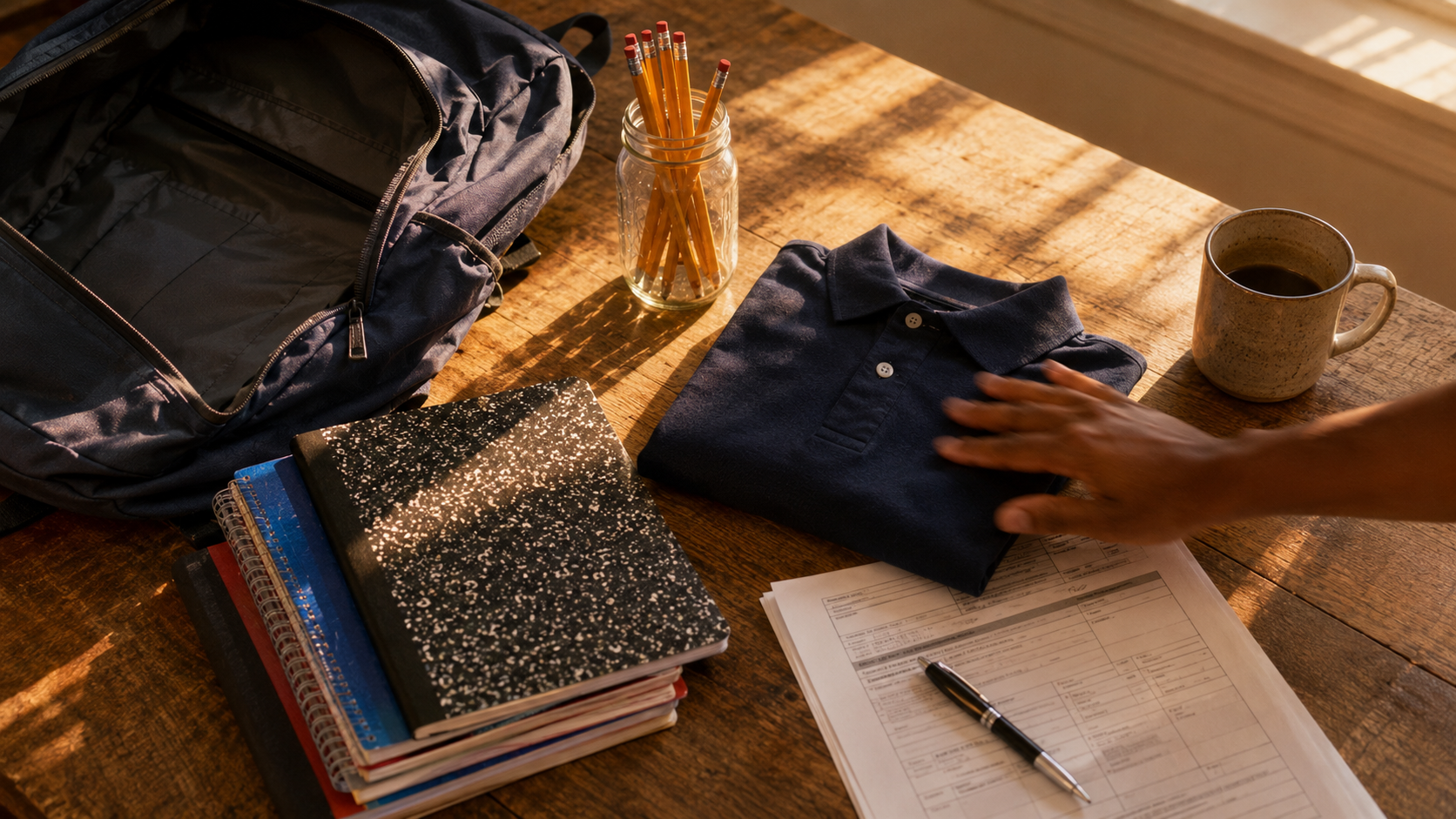 A back-to-school flat-lay with a backpack, notebooks, a school uniform, and a Florida immunization form on a kitchen table.