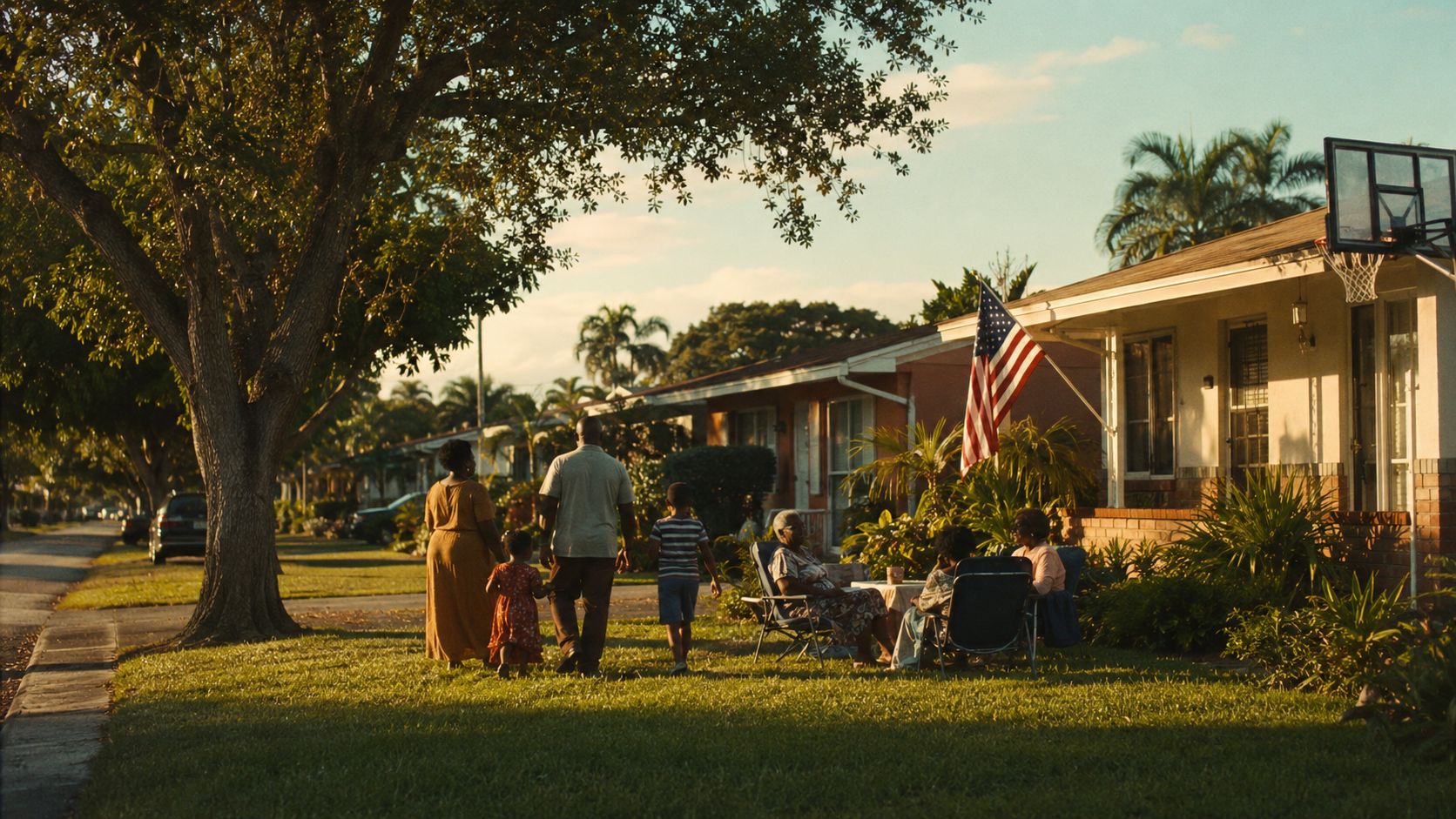 A residential street of single-family homes in Miami Gardens at golden hour, the largest predominantly Black city in Florida.
