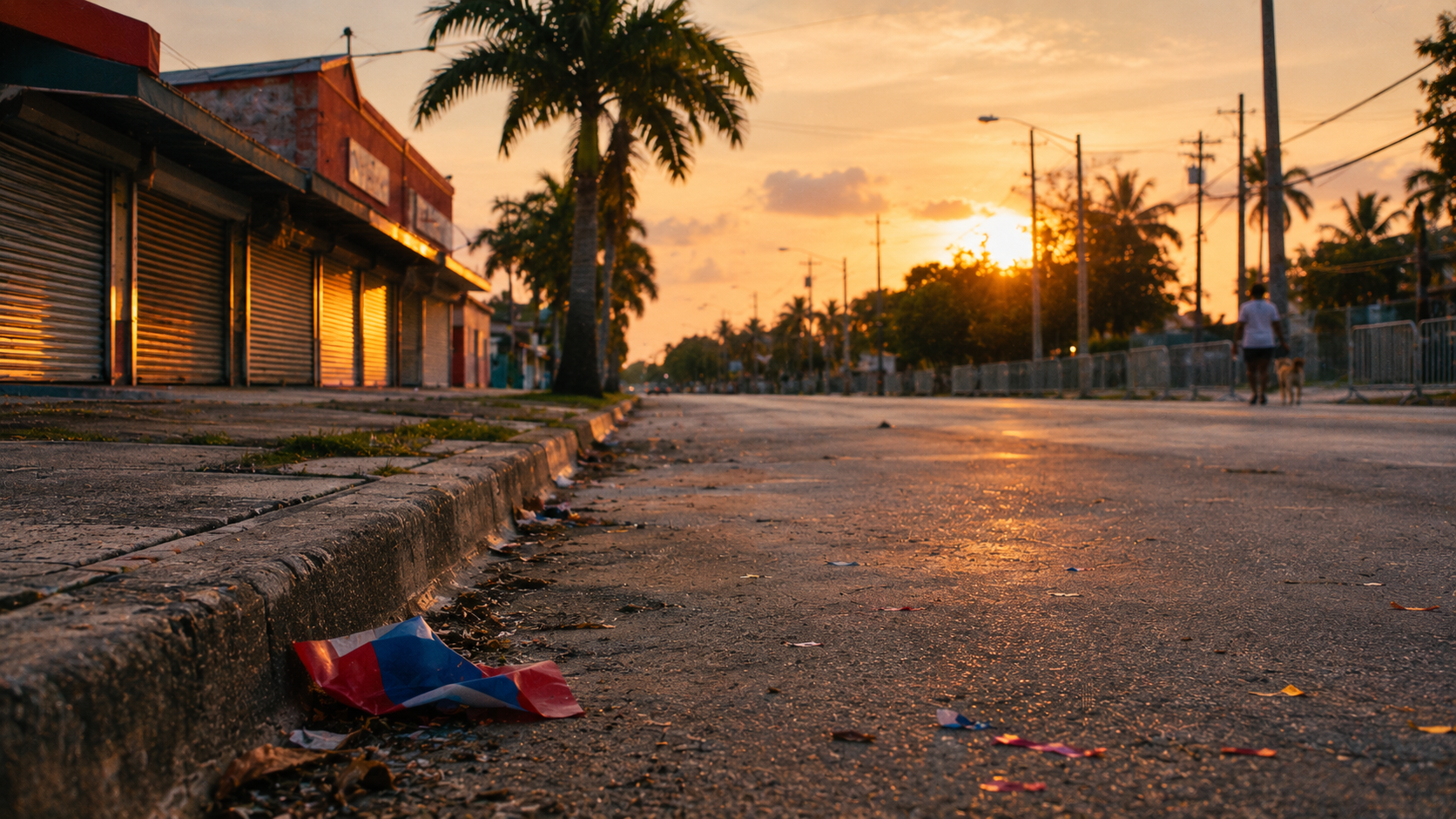 A quiet Miami Gardens street the morning after the World Cup, barricades gone and a storefront still closed.