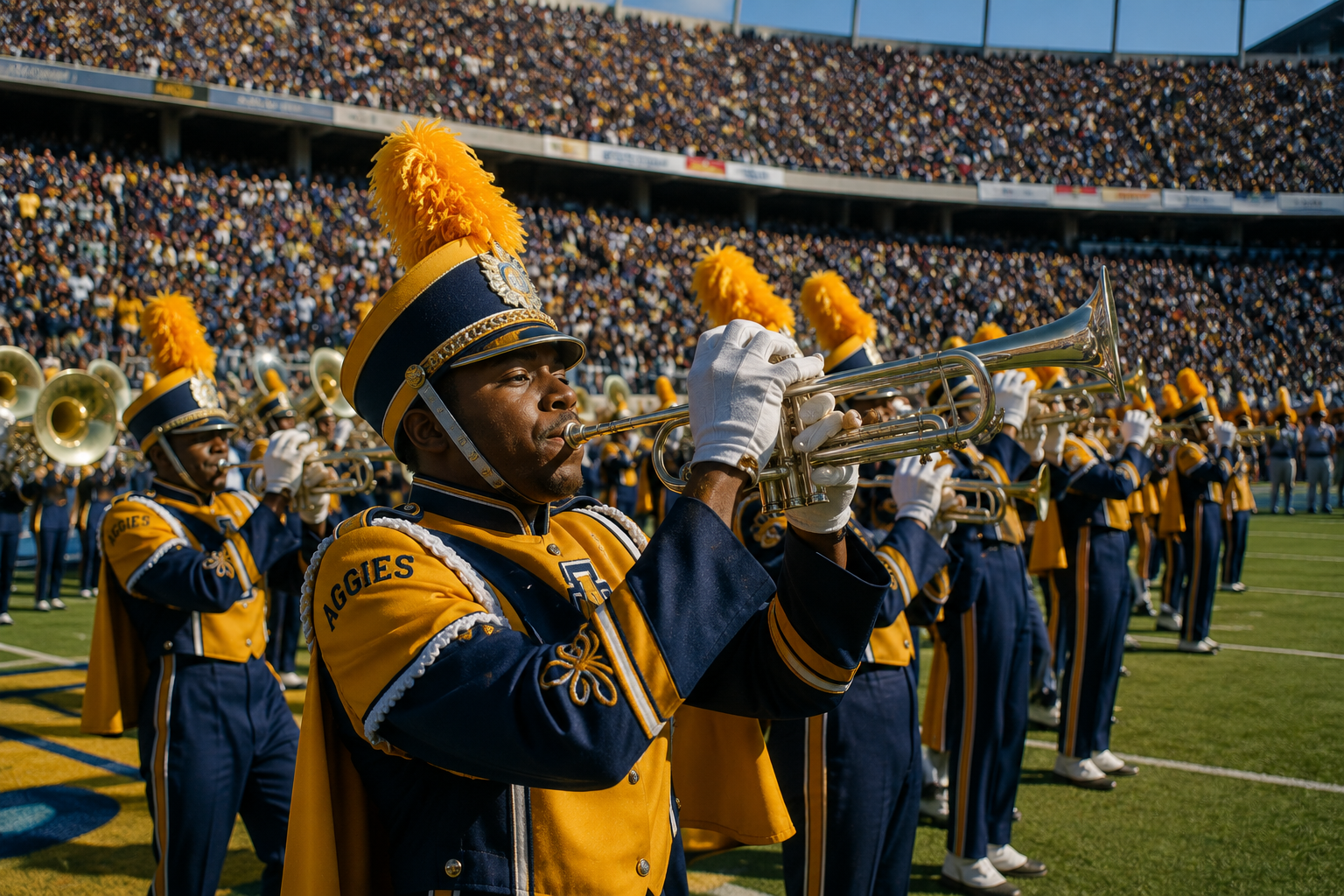 An HBCU marching band performing at the Orange Blossom Classic at Hard Rock Stadium in Miami Gardens