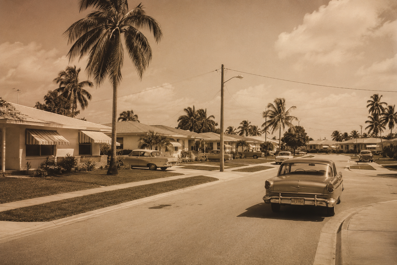 A vintage-style view of a mid-century Florida suburban neighborhood like early Carol City