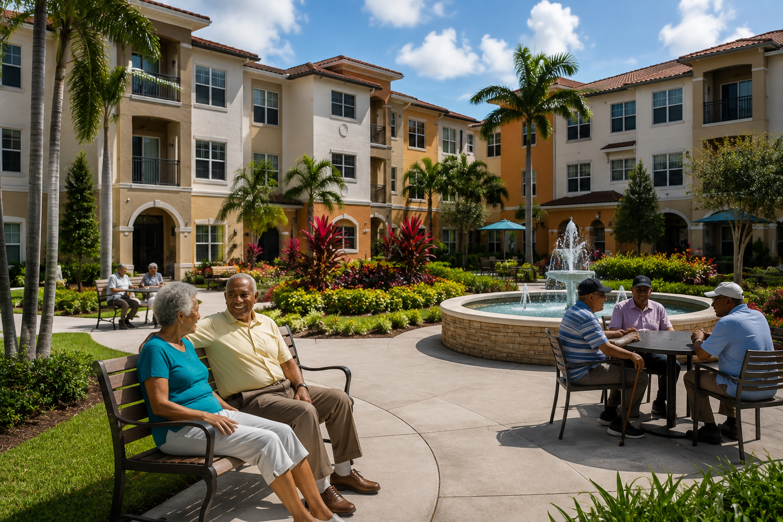 Sunny Senior Courtyard Gathering