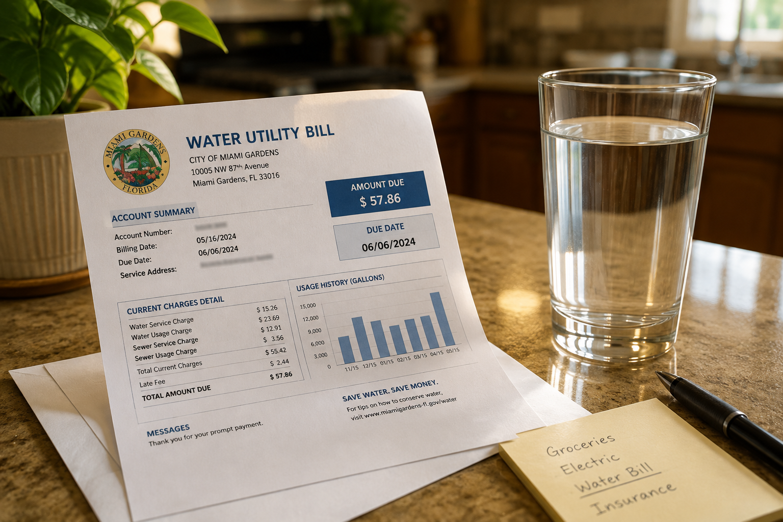 A water bill and a glass of tap water, representing the Miami Gardens NMB Water class action settlement