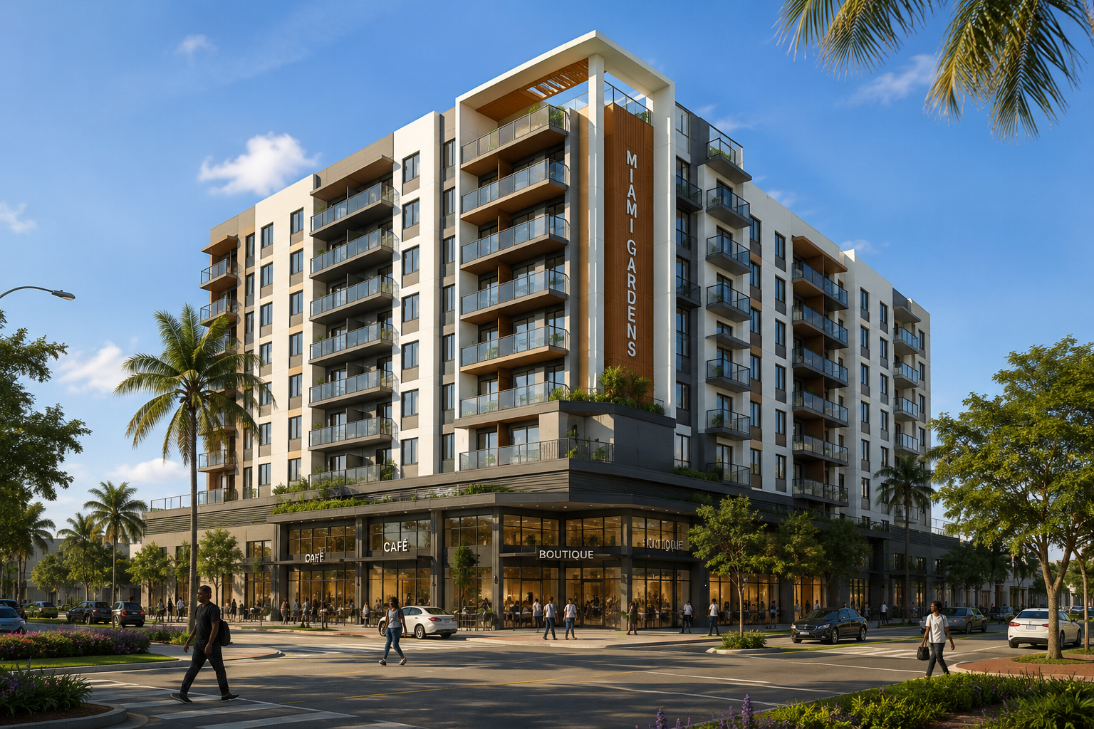 Rendering-style view of a modern mixed-use residential development coming to Miami Gardens near Hard Rock Stadium