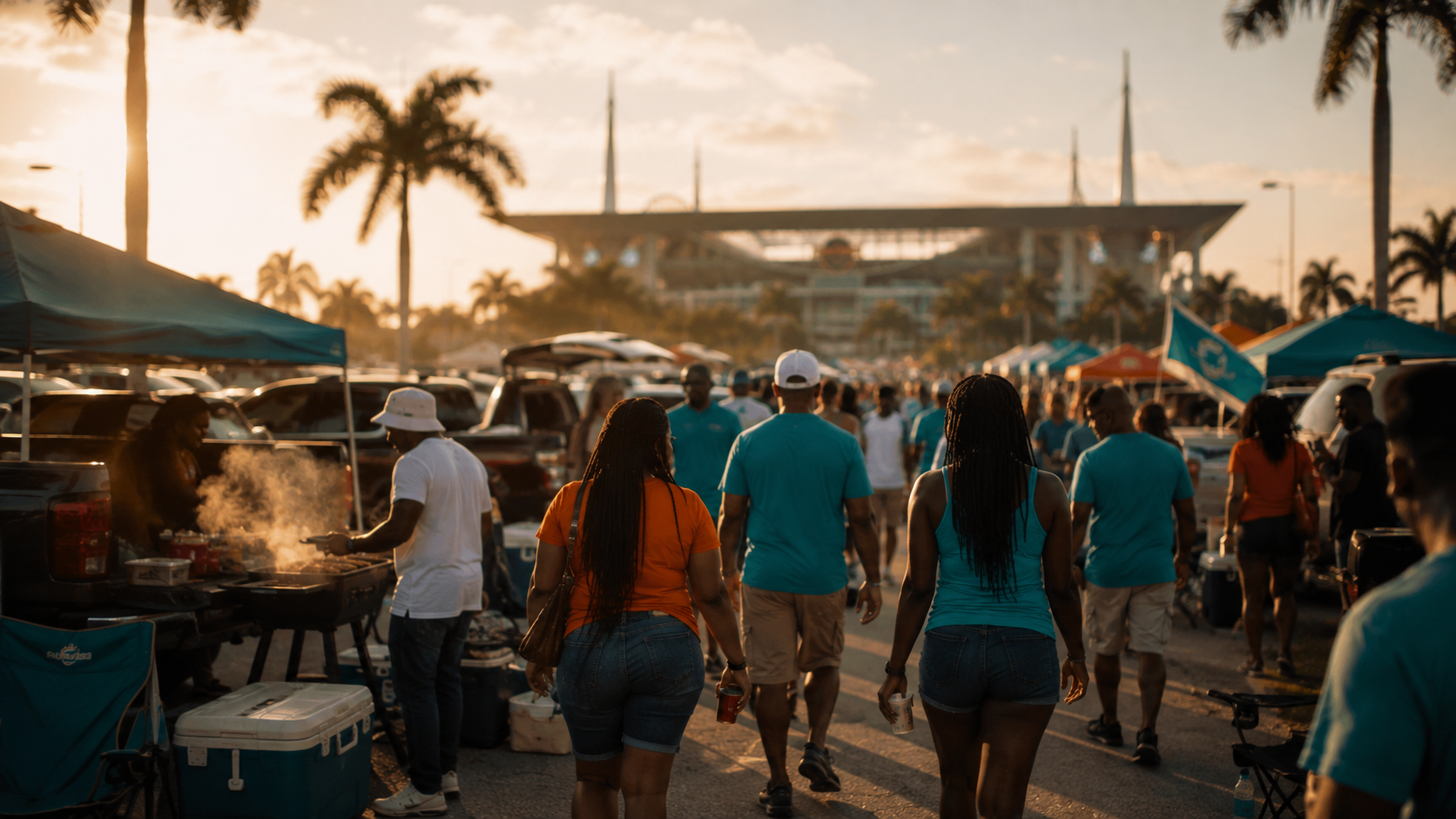 Fans in aqua and orange tailgating in the Hard Rock Stadium parking lot before a Miami Dolphins home game.