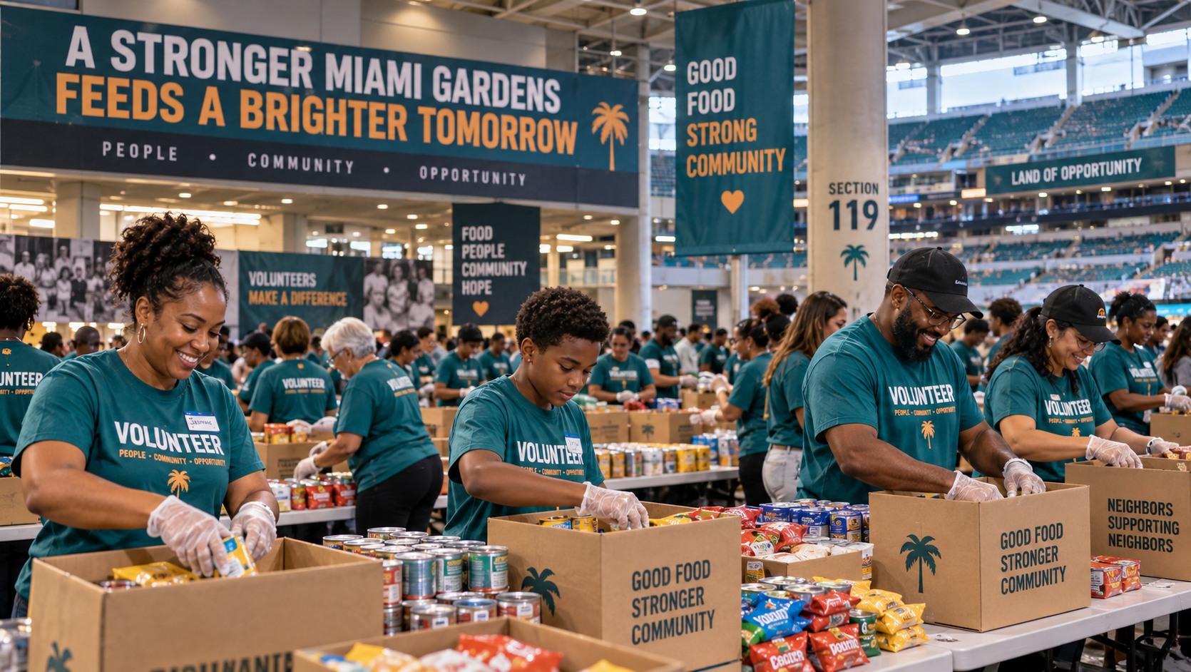 Volunteers packing meals at a day of service at Hard Rock Stadium in Miami Gardens on 9/11