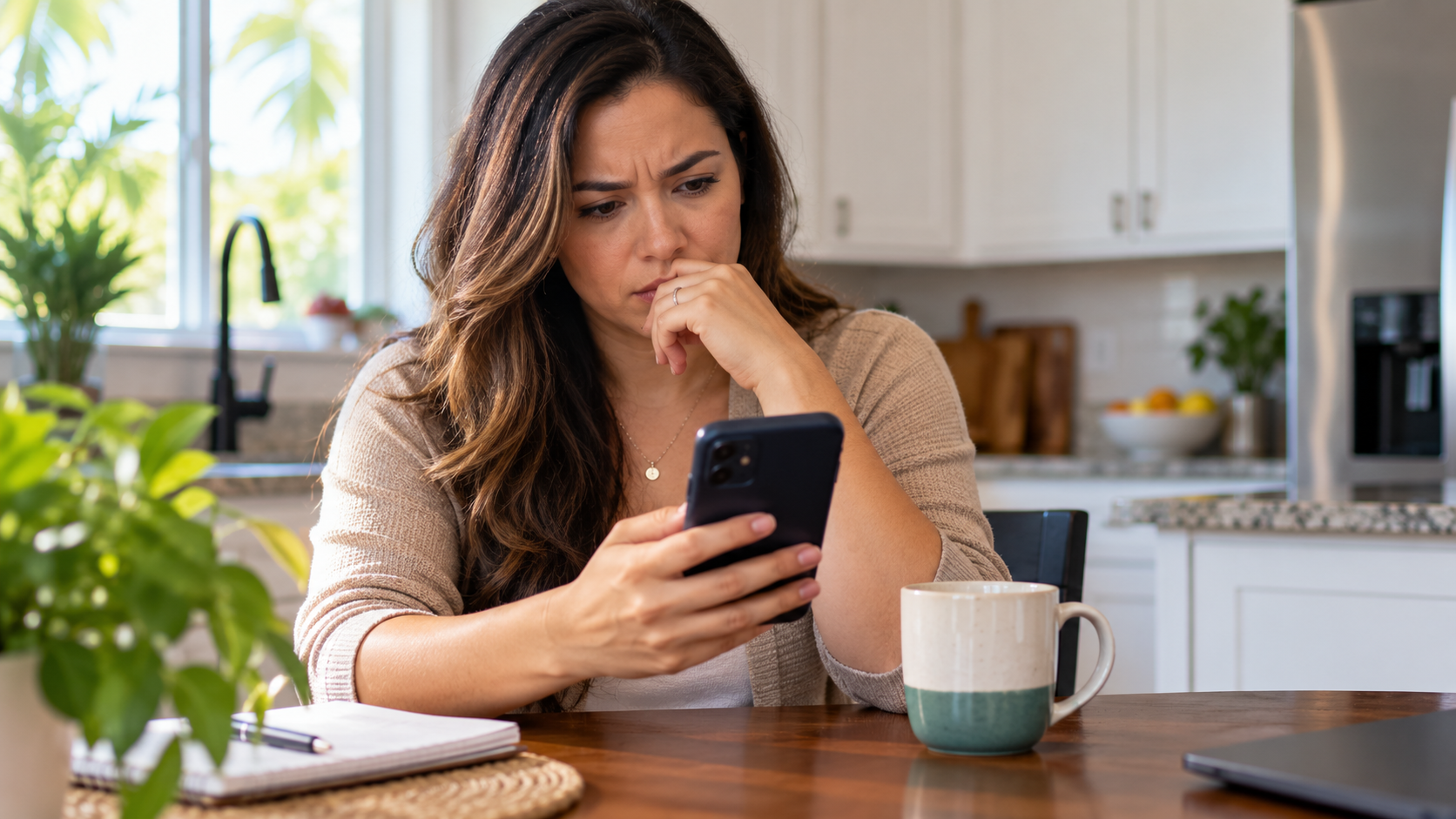 A person reviewing a suspicious message, representing scam awareness in Miami Gardens