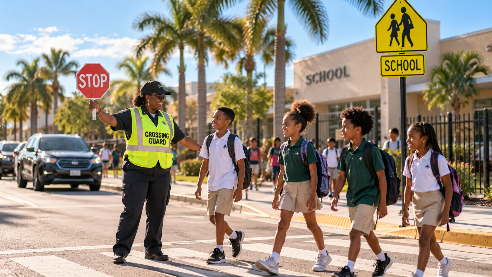 A school zone crosswalk in Miami Gardens where pedestrian safety is a community concern
