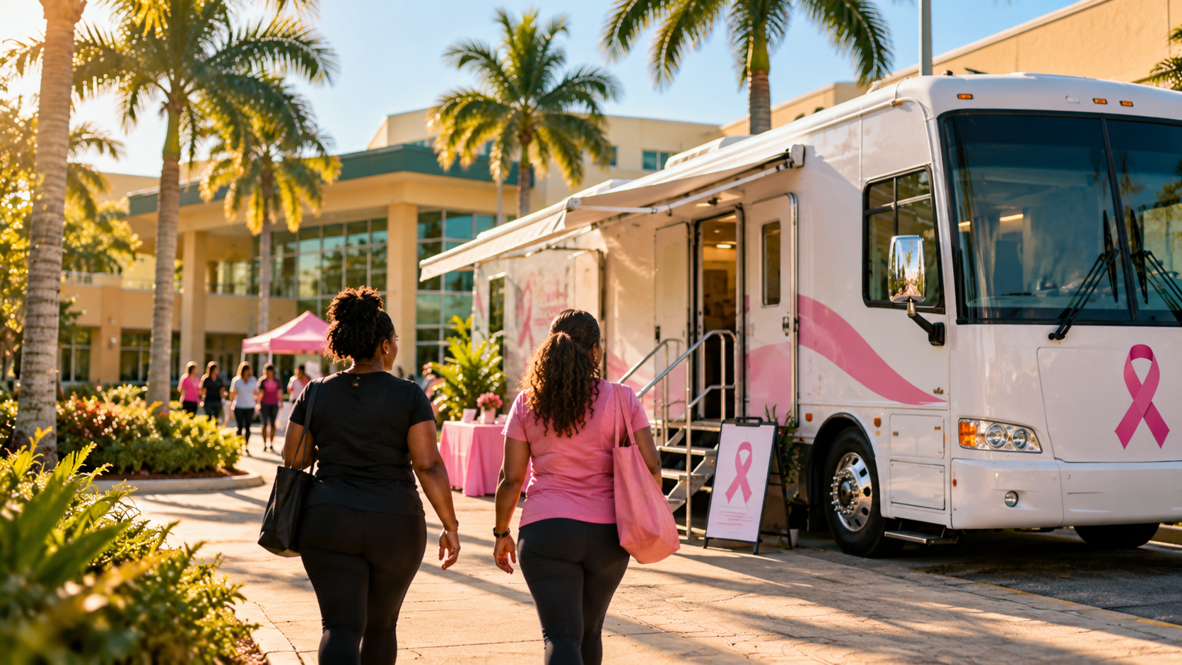 A mobile mammography unit parked outside a community center in Miami Gardens