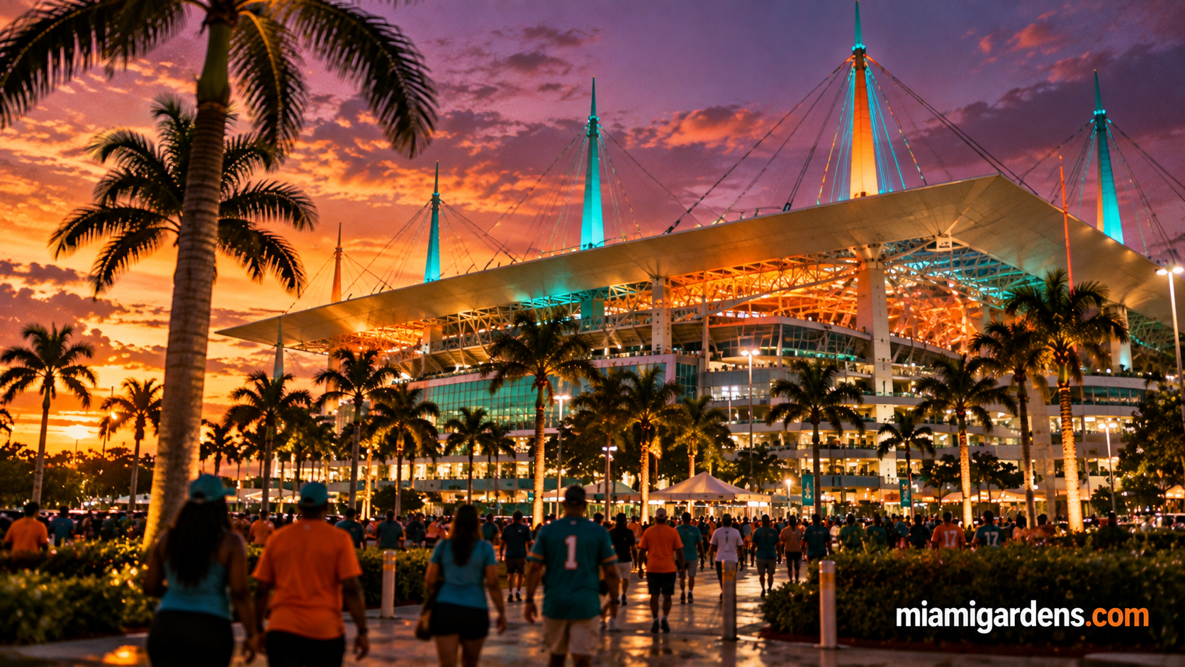 Hard Rock Stadium in Miami Gardens lit up at dusk in October