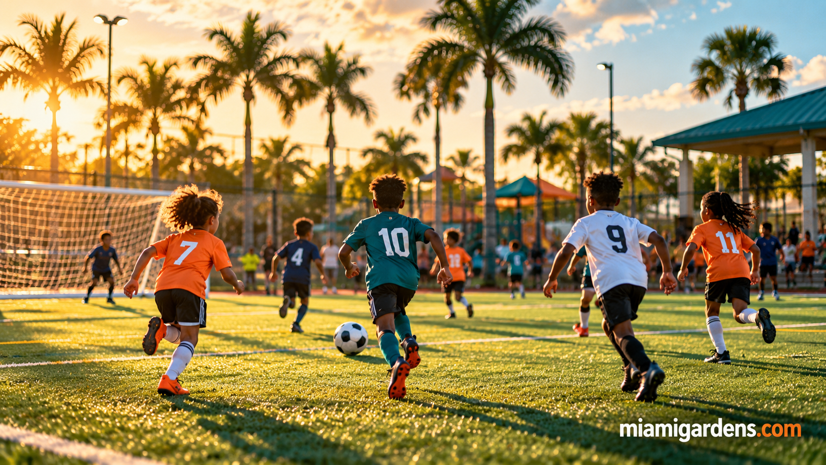 Kids playing soccer on a green field at a Miami Gardens park