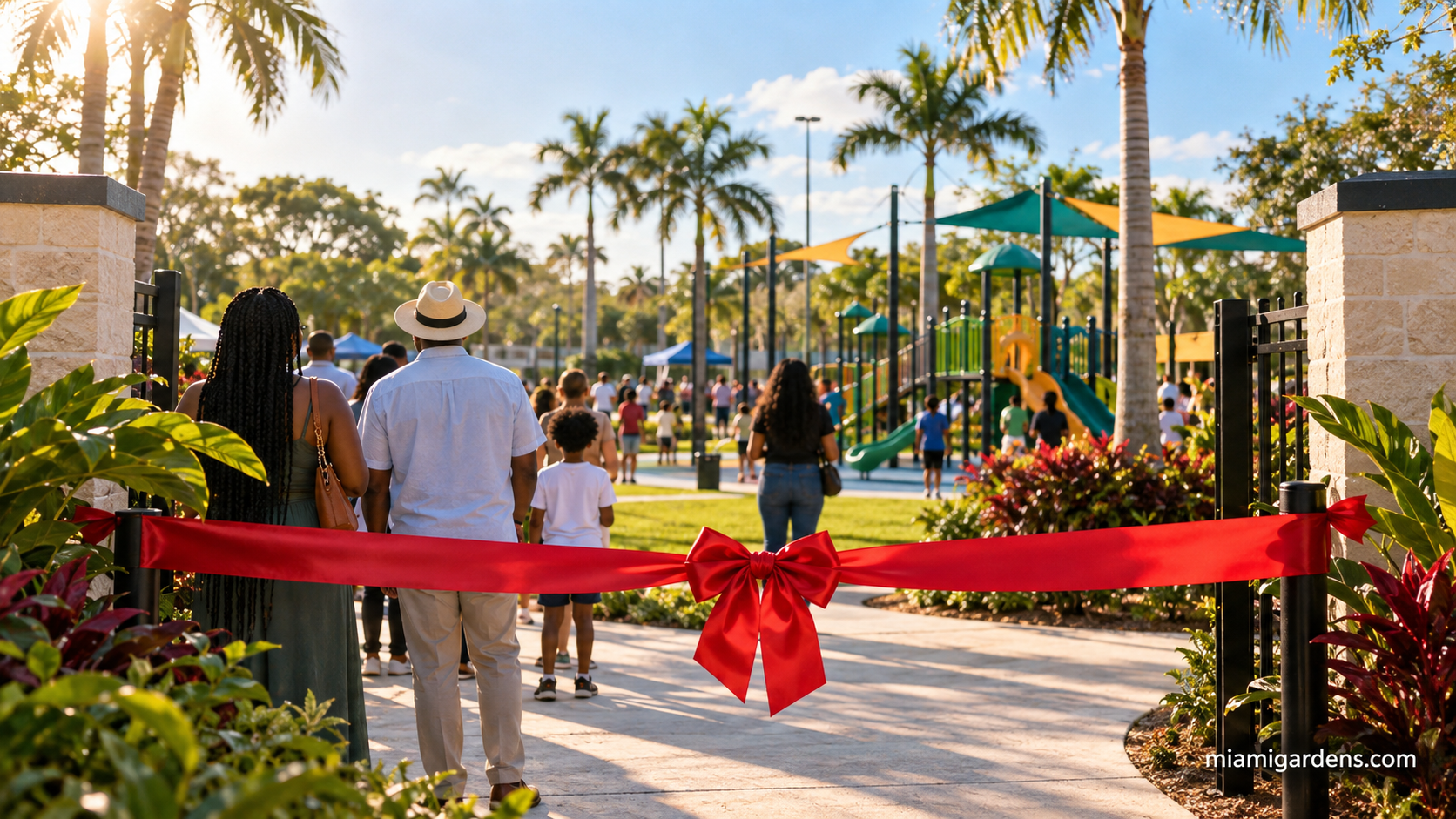 A ribbon stretched across the entrance of a renovated neighborhood park