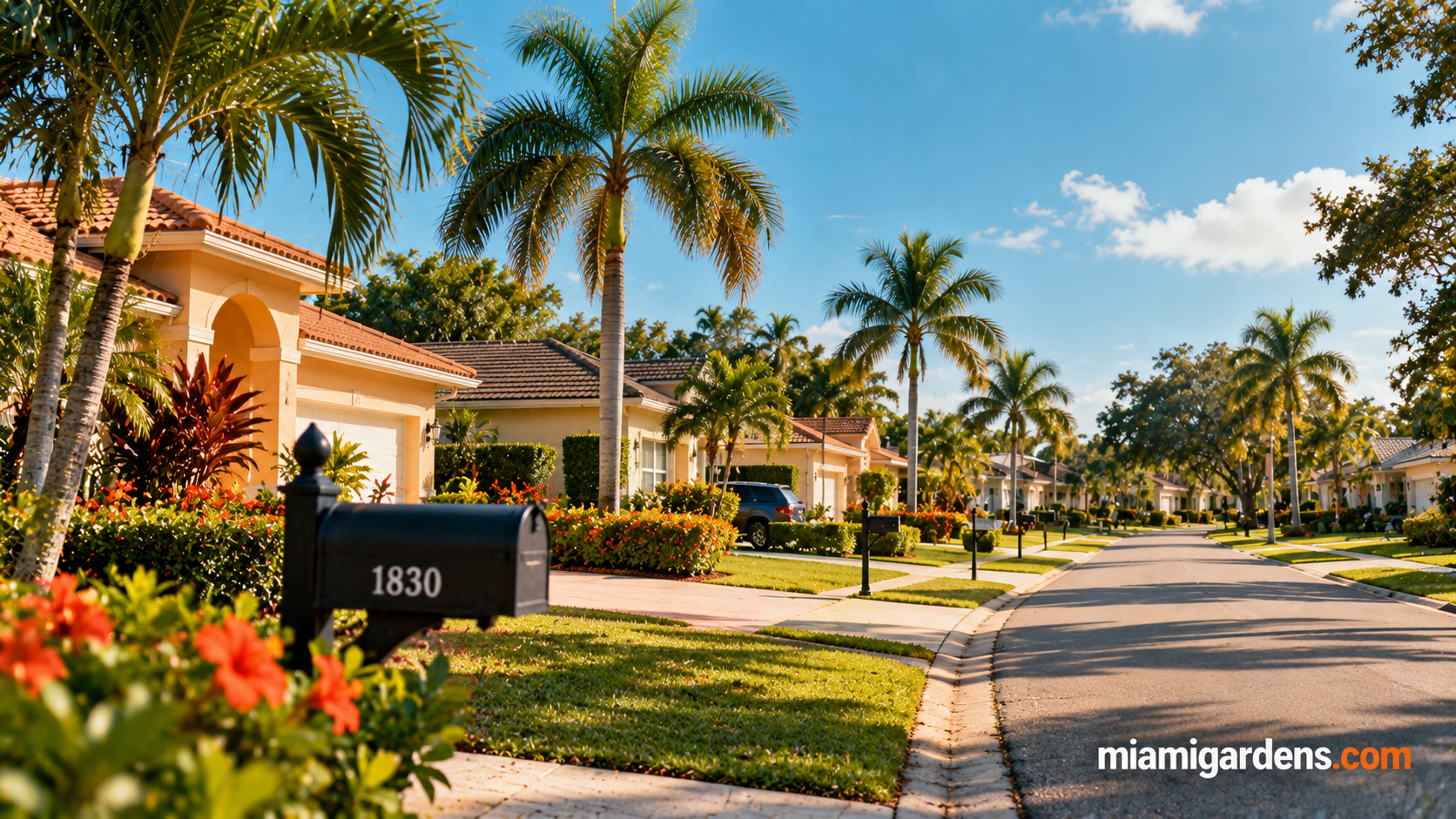 A row of single-family homes on a sunny residential street in Miami Gardens