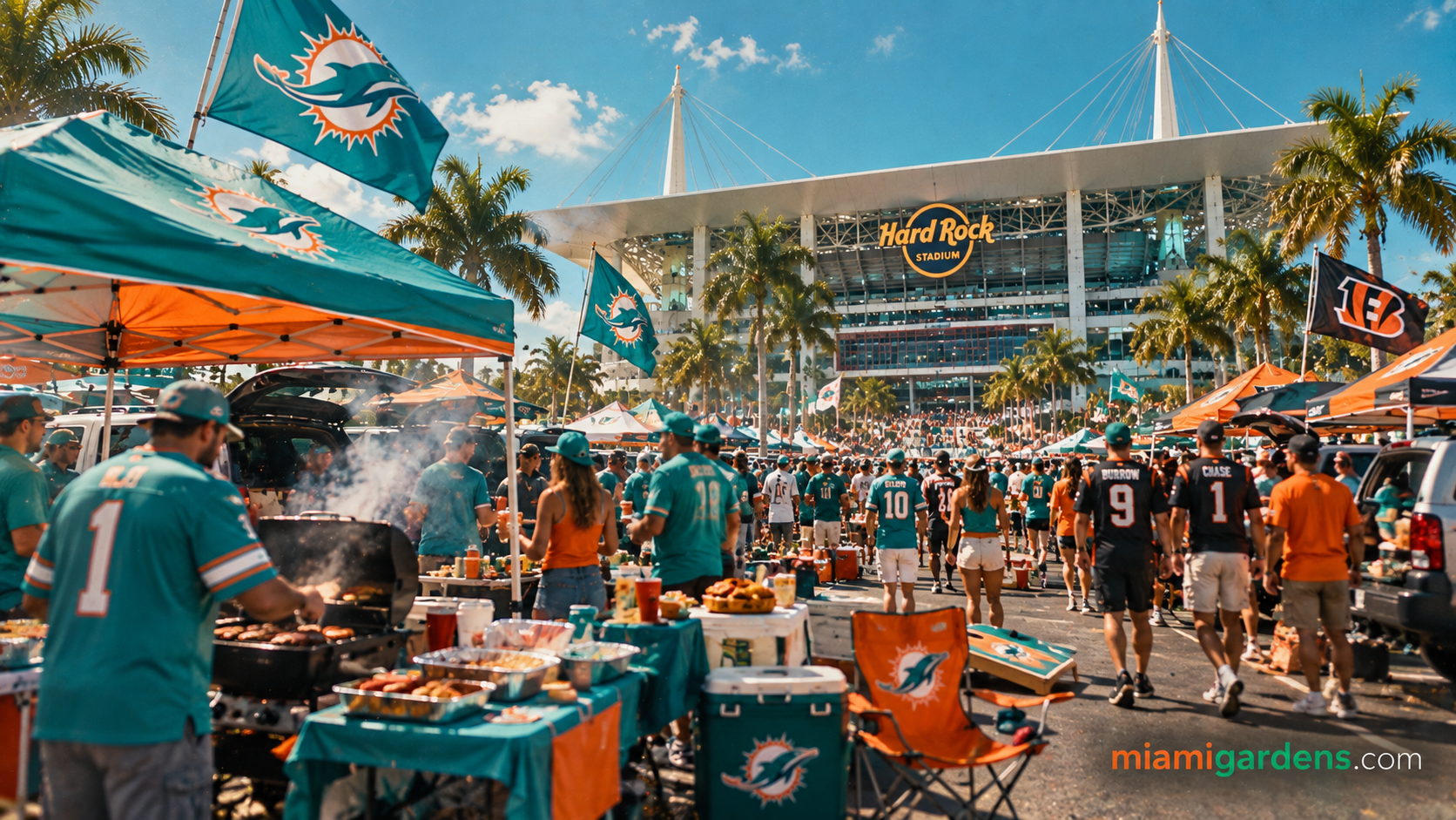 Dolphins fans in aqua and orange tailgating outside Hard Rock Stadium