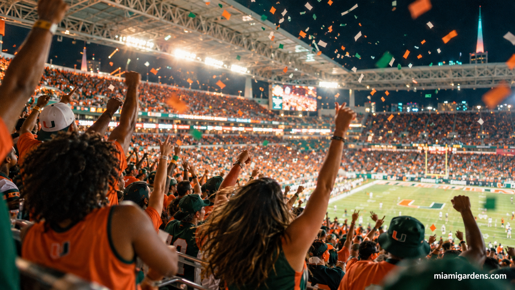 Miami Hurricanes fans celebrating in the stands at Hard Rock Stadium at night
