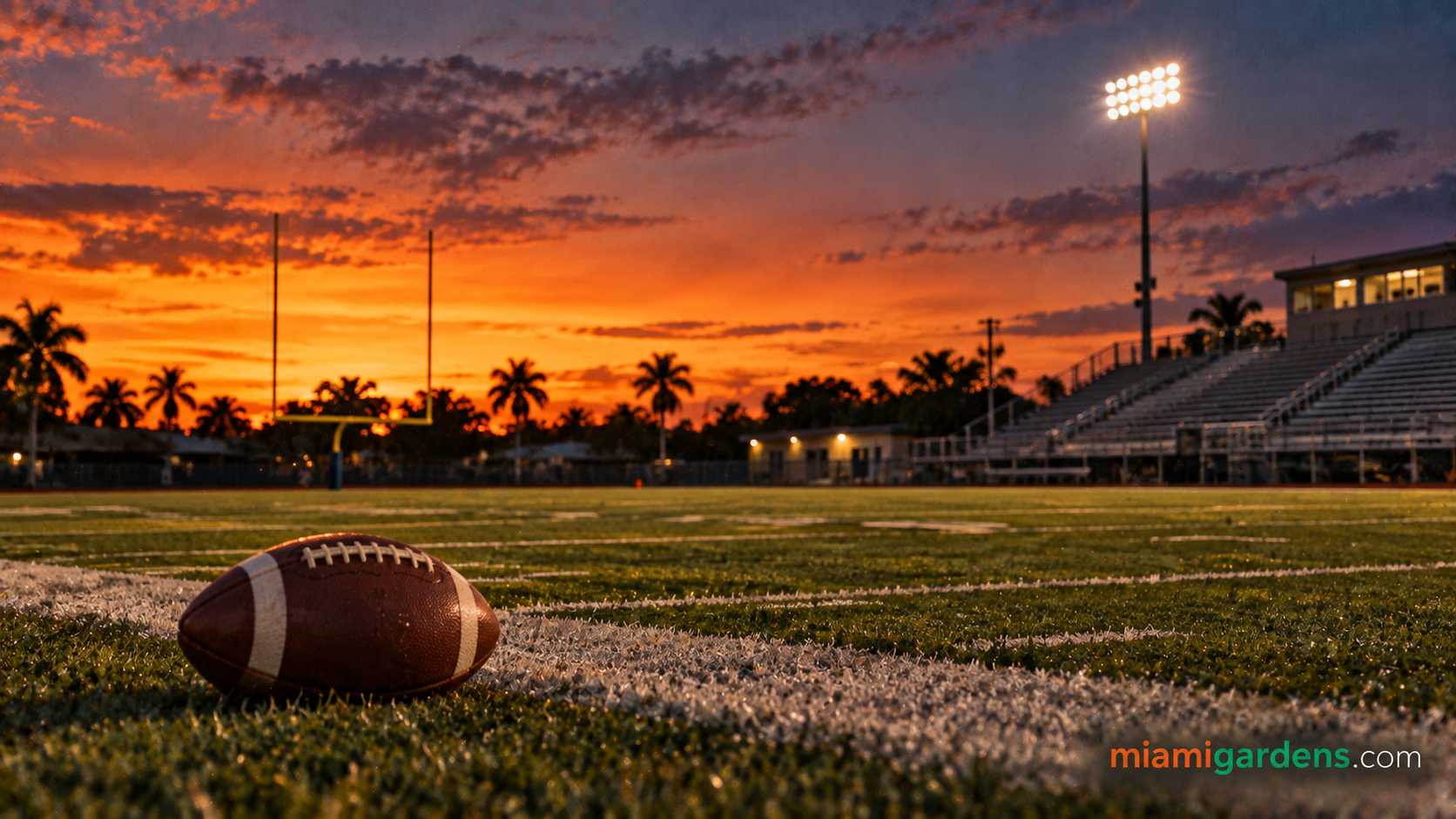 An empty high school football field at dusk with goalposts and stadium lights