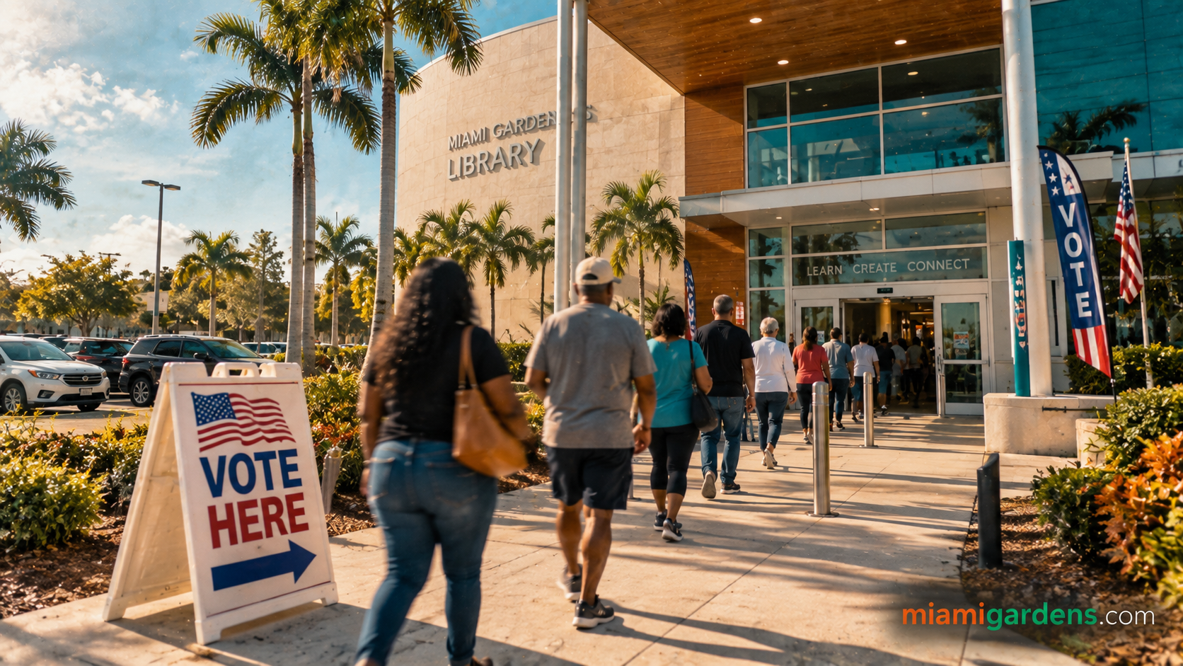 Voters walking into a public library to cast early ballots