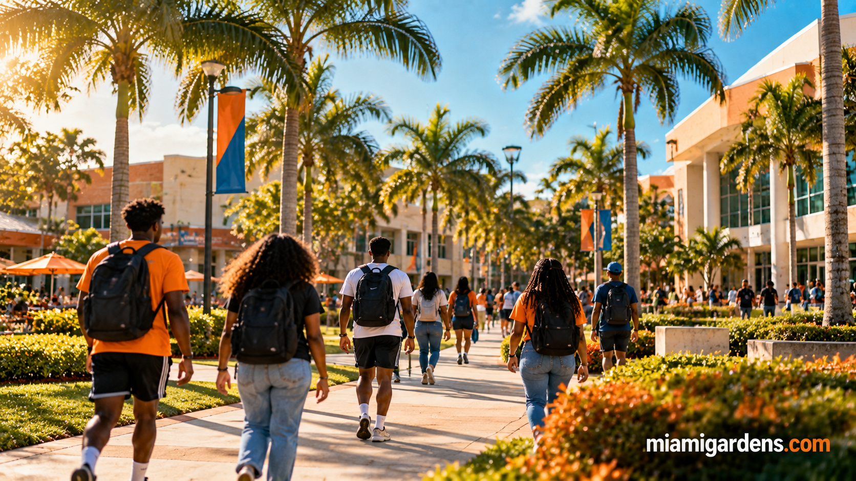 Students walking across a sunny college campus in Miami Gardens