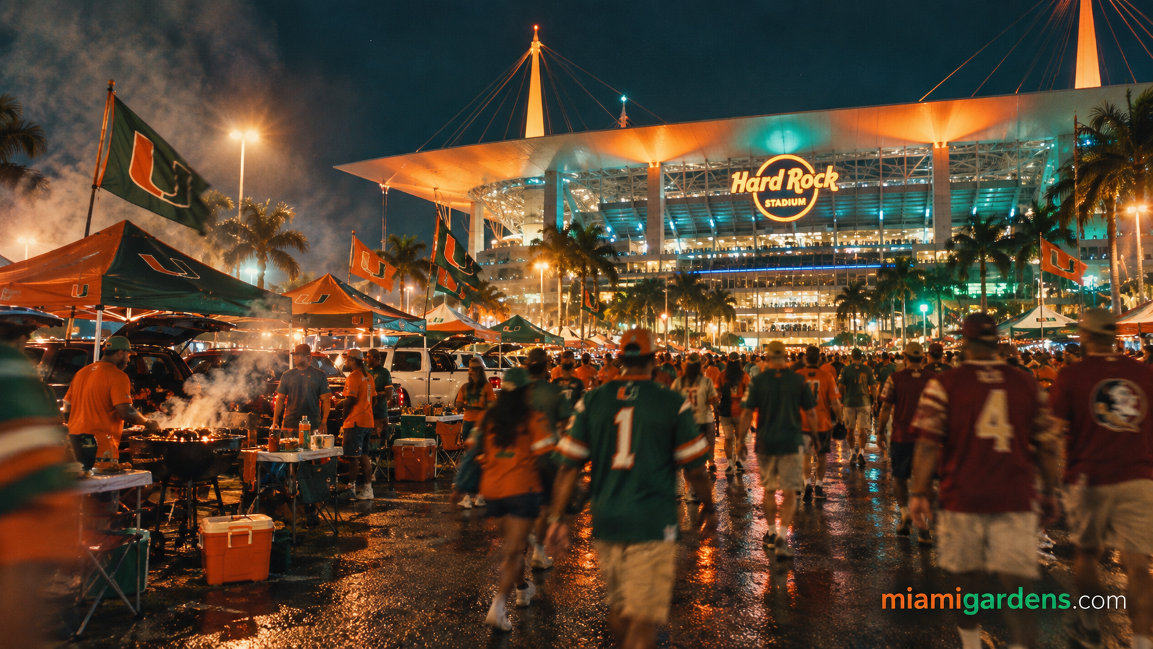 Hard Rock Stadium lit up at night before a Miami Hurricanes football game
