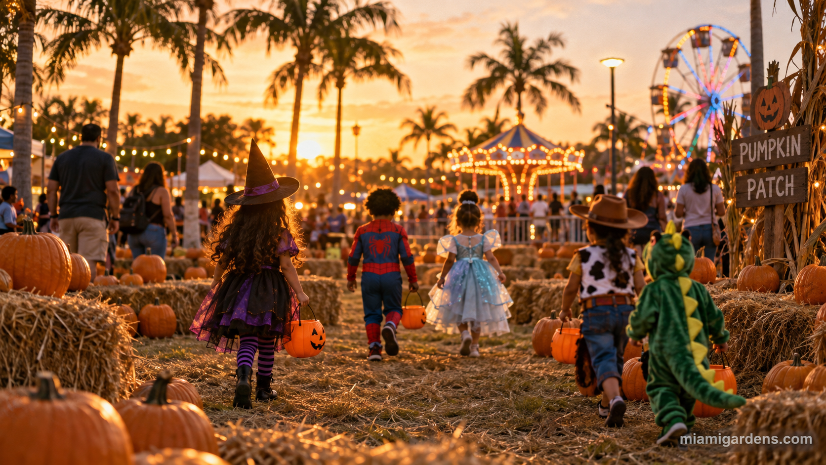 Kids in costumes walking through a pumpkin patch at a park fall festival