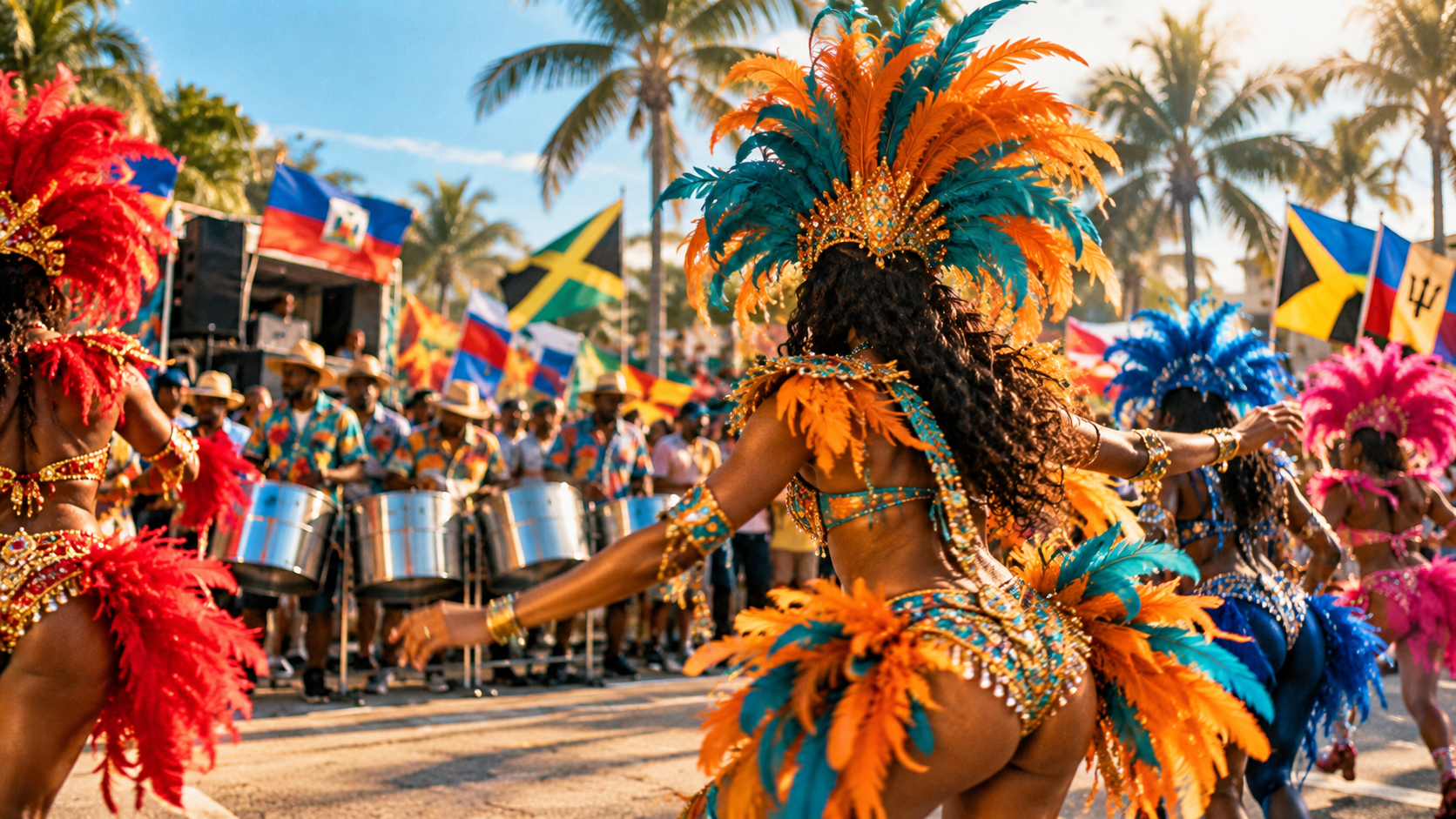 Carnival masqueraders in colorful feathered costumes dancing in a parade