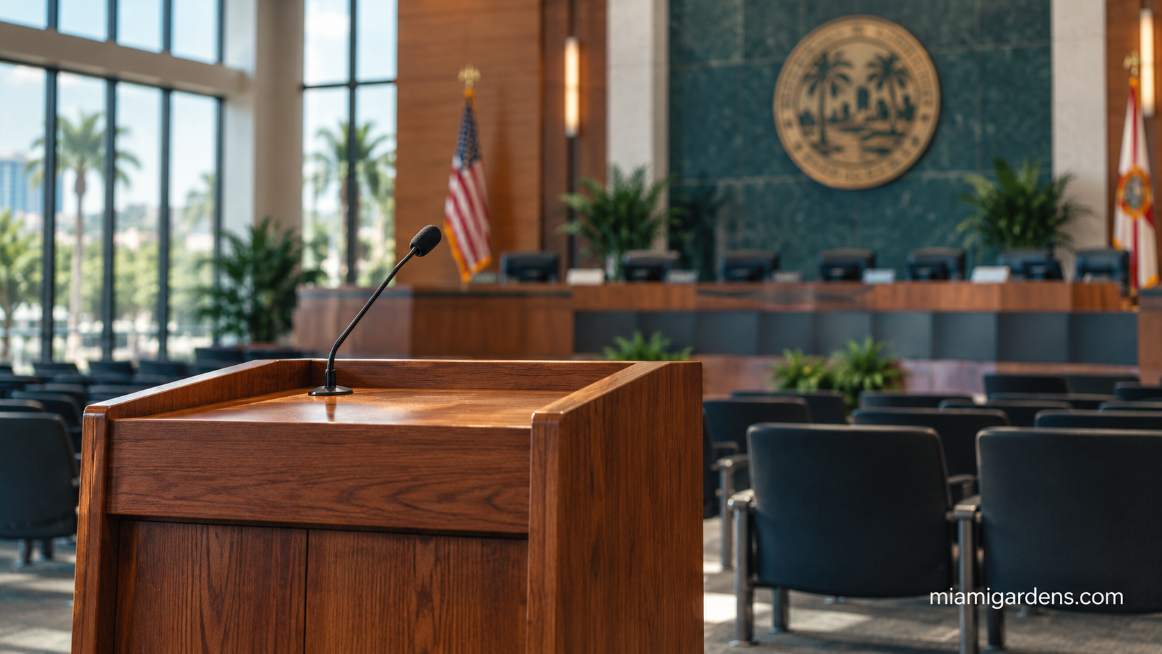 An empty public comment podium and microphone in a city council chamber