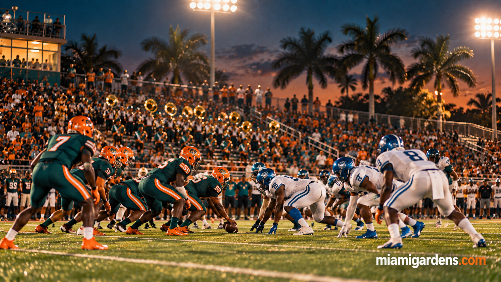 High school football players lined up under stadium lights on a Friday night