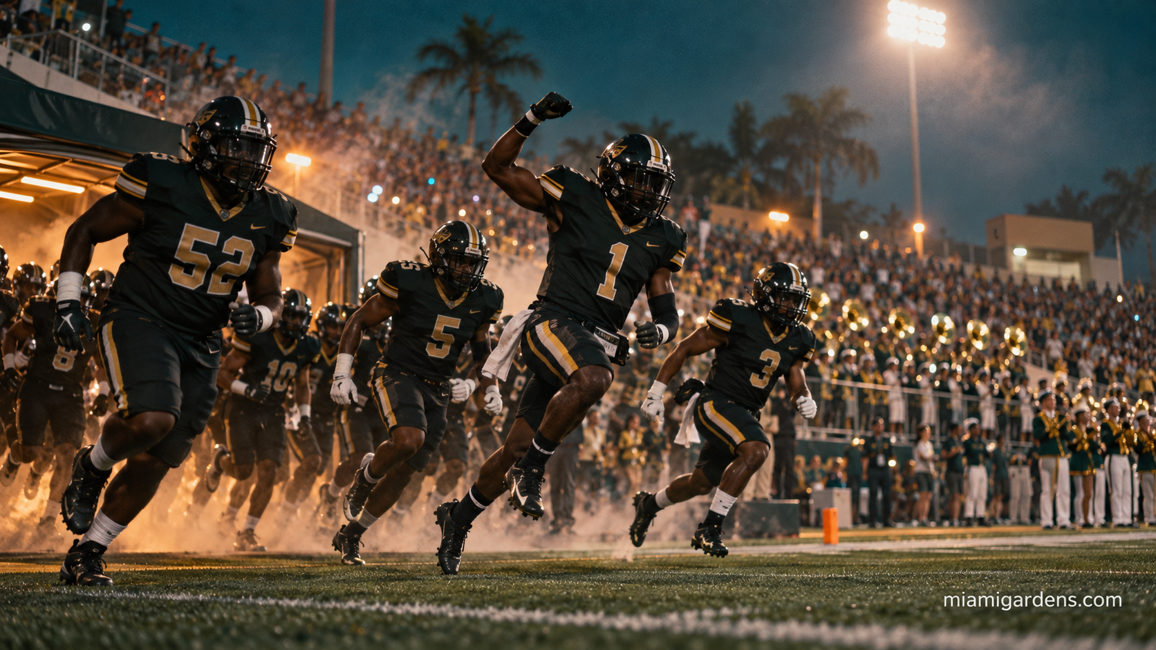 High school football players running onto a field under stadium lights