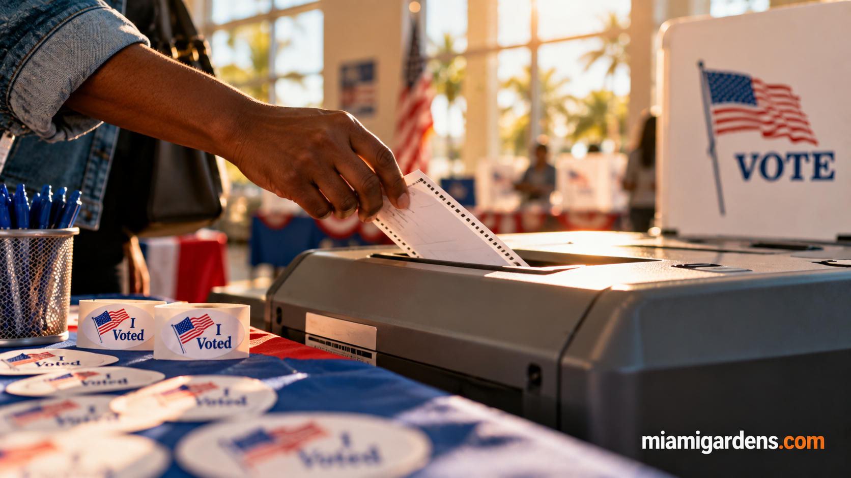 A voter placing a ballot into a ballot box at a polling place