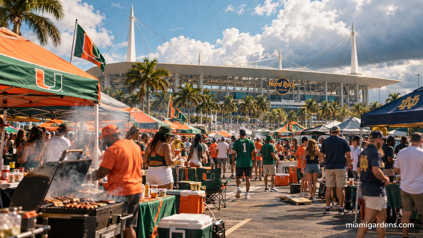 Fans tailgating outside Hard Rock Stadium on a bright Saturday morning