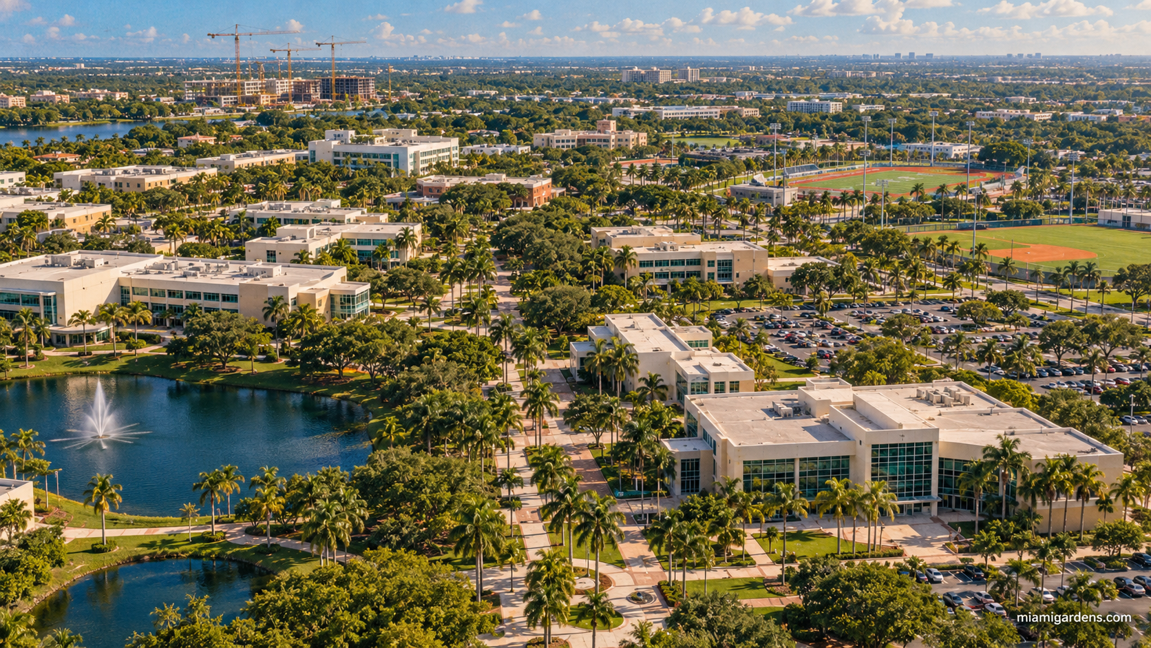 A college campus with palm trees and low academic buildings in Miami Gardens