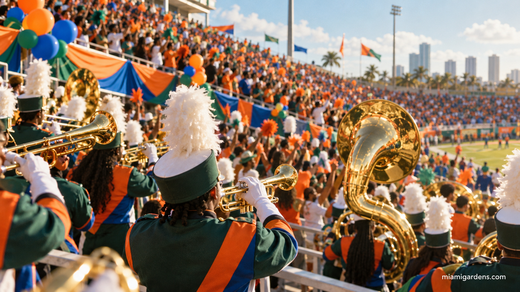 A college homecoming crowd in school colors celebrating in the stands